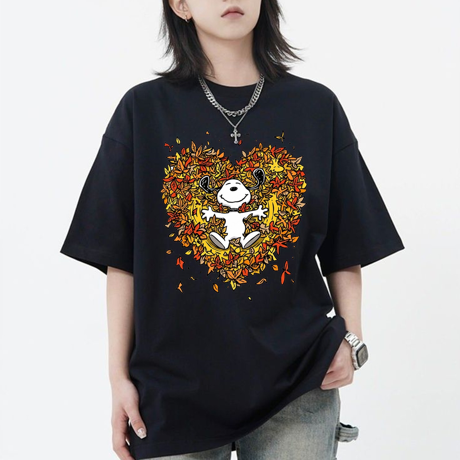 Cute Cartoon Autumn Leaves Heart Shirt, Thanksgiving Fall Graphic Tee – S to 5XL