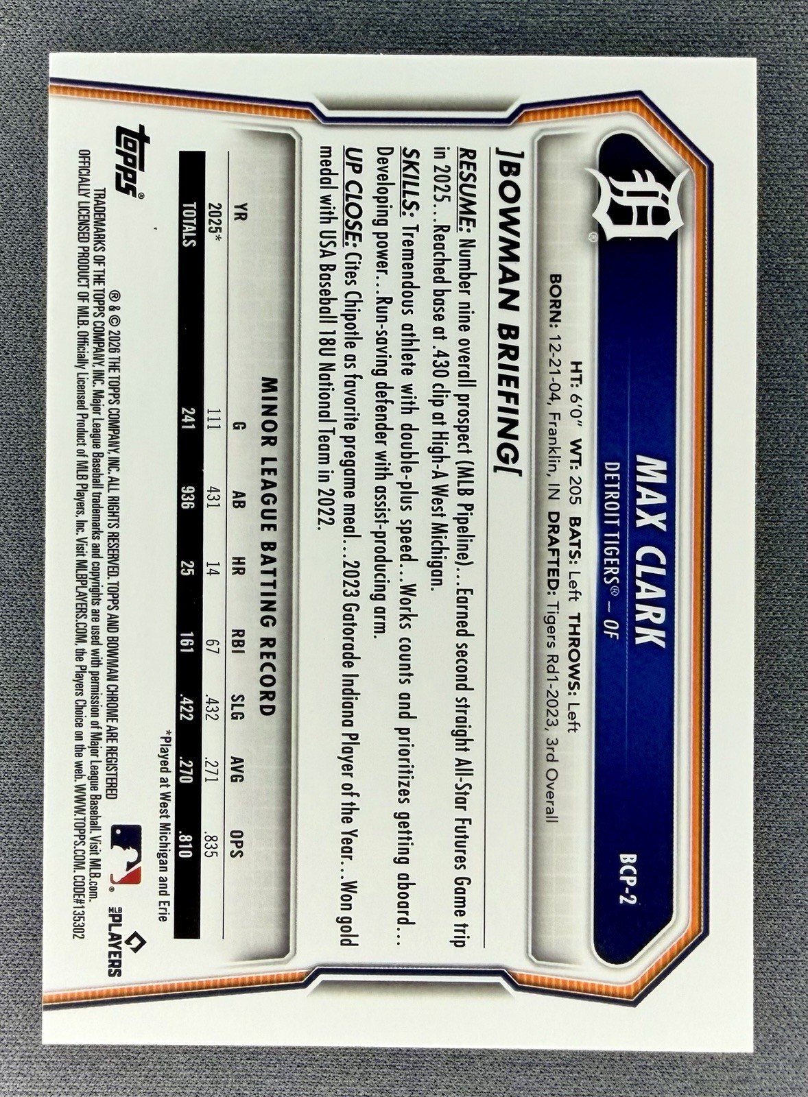 2026 Bowman #BCP-2 Max Clark SPECKLE REFRACTOR SP 150/299