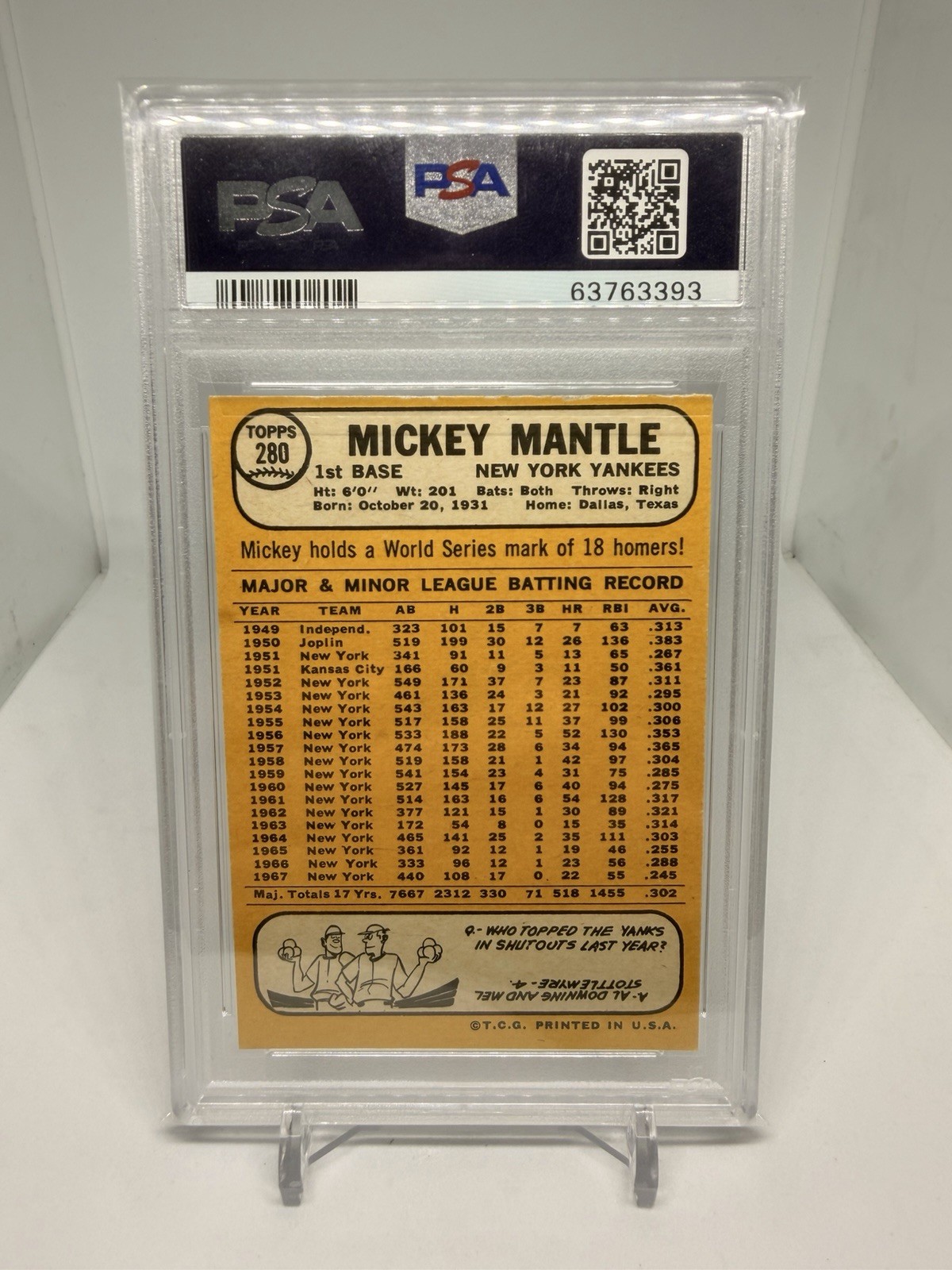 1968 Topps Mickey Mantle #280 PSA 7 NM New York Yankees CENTERED