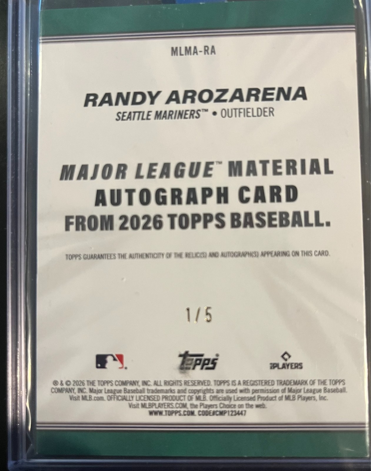 2026 Topps Series 1 Randy Arozarena AUTO Major League Material Red /5 Mariners