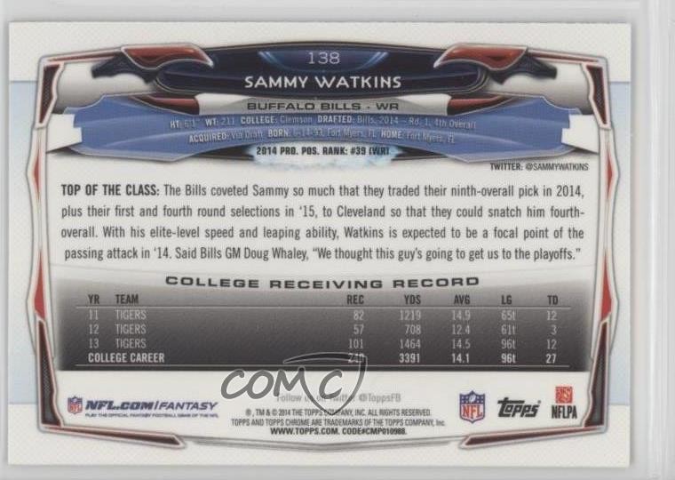 2014 Topps Chrome Sammy Watkins (Standing Upright) #138 Rookie RC 0v1