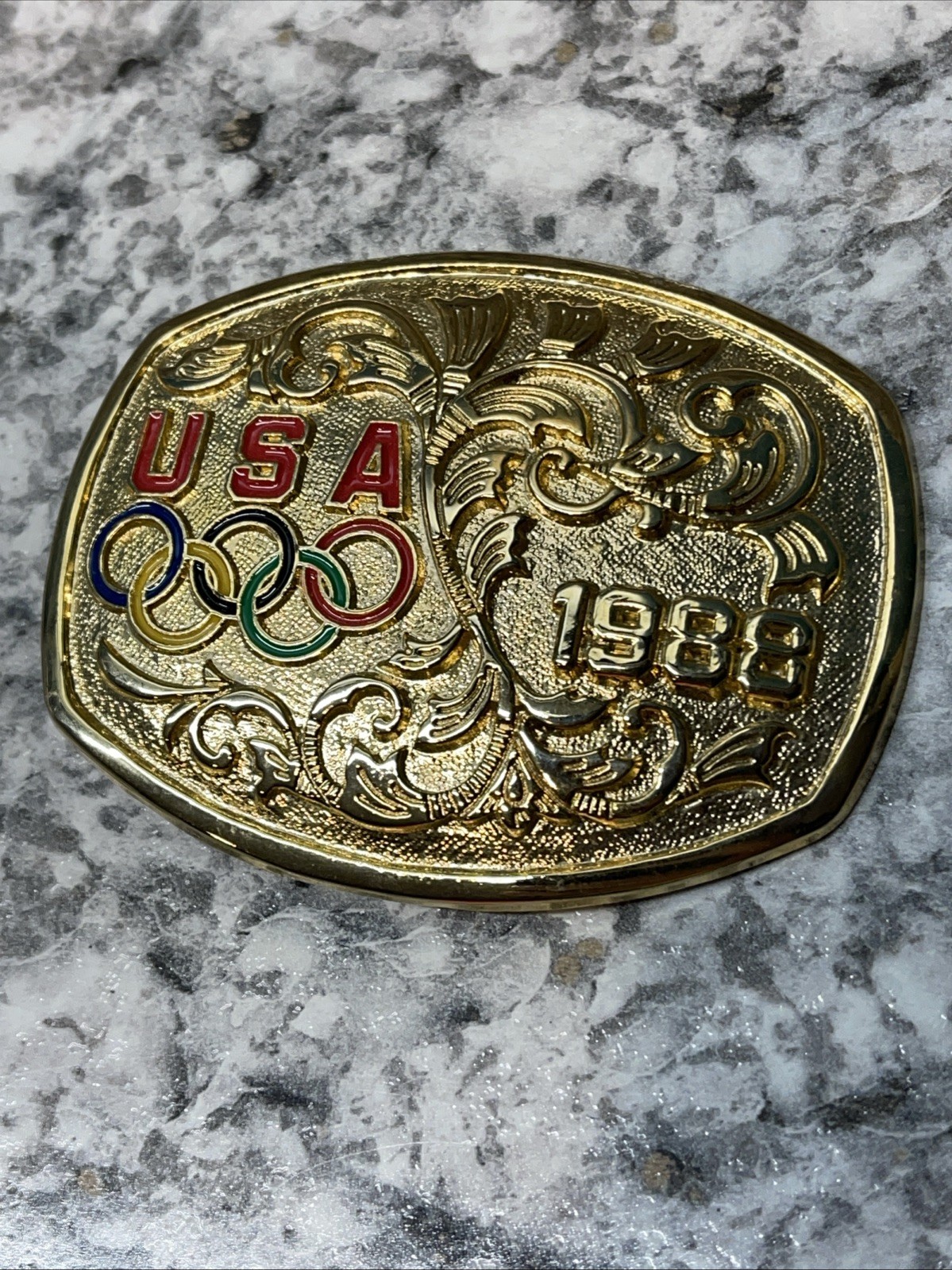 Vintage 1988 Olympic Gold Toned Belt Buckle Made in USA Enameled 3.25″ x 2.5″