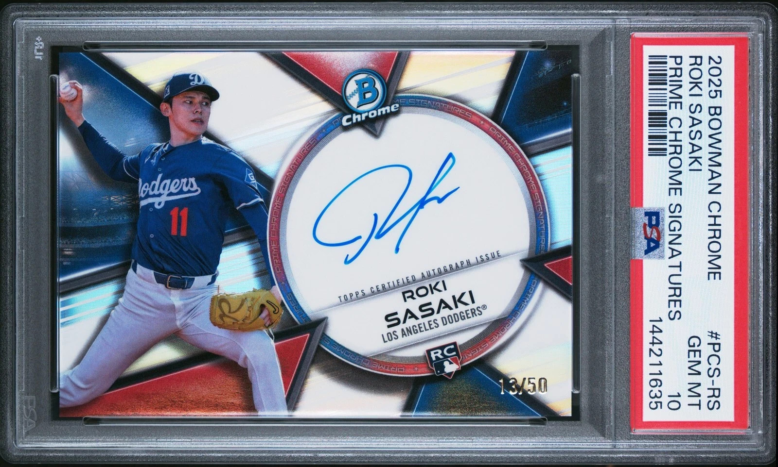 2025 BOWMAN CHROME PRIME CHROME SIGNATURES #PCS-RS ROKI SASAKI RC /50 PSA 10