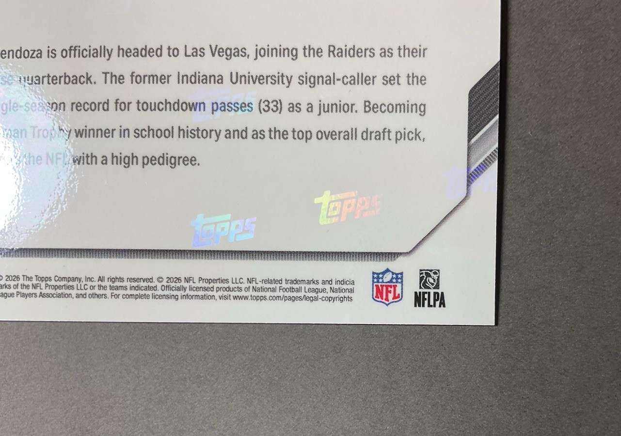FERNANDO MENDOZA 2026 Topps Now NFL Draft Night 1st Overall Pick #FMEN Raiders