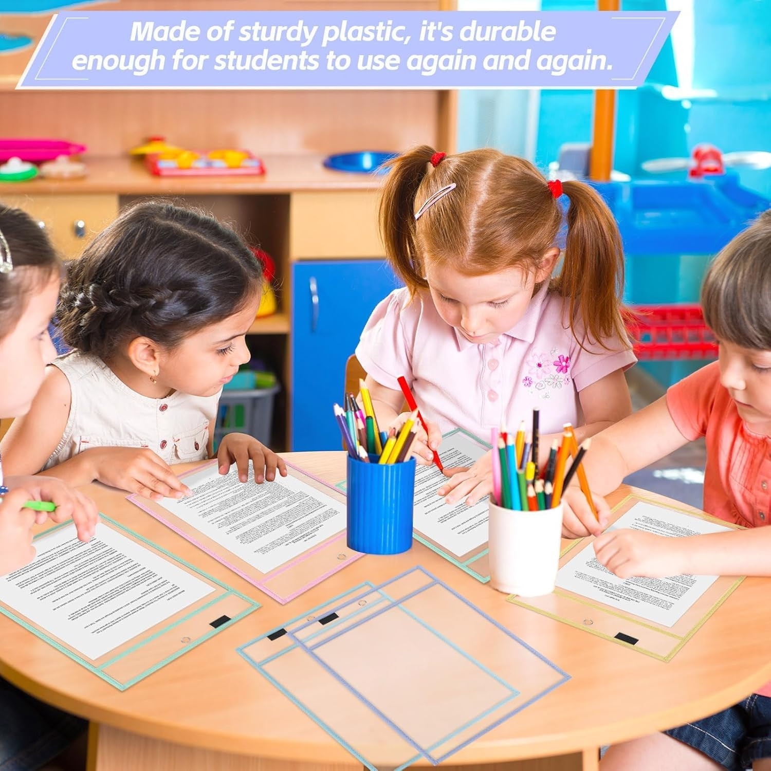 12 Pack Dry Erase Pockets 6 Assorted Colors 8.5 x 11 Inch Clear Plastic Sheet Pr