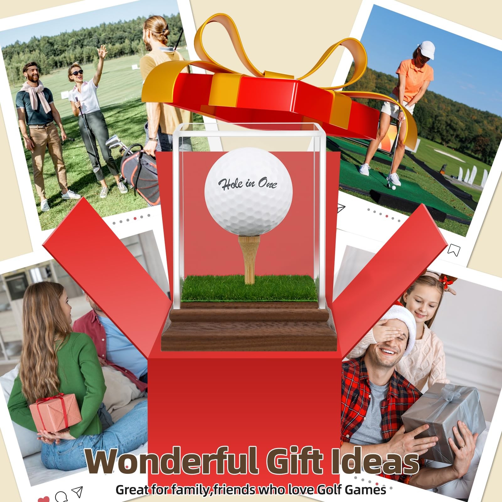 Golf Ball Display Case Hole in One Holder with Acrylic Base and Turf Stand