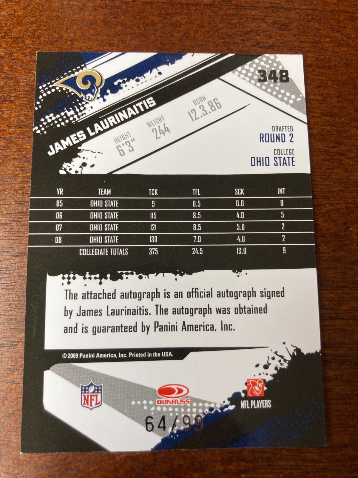 2009 Score James Laurinaitis Rookie Autograph Auto /99