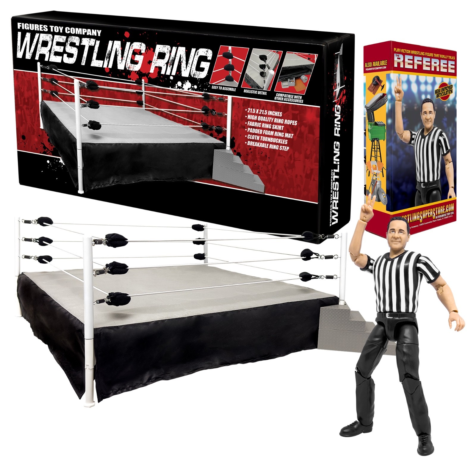 Wrestling Ring & Talking Wrestling Referee Figure for WWE & AEW Action Figures