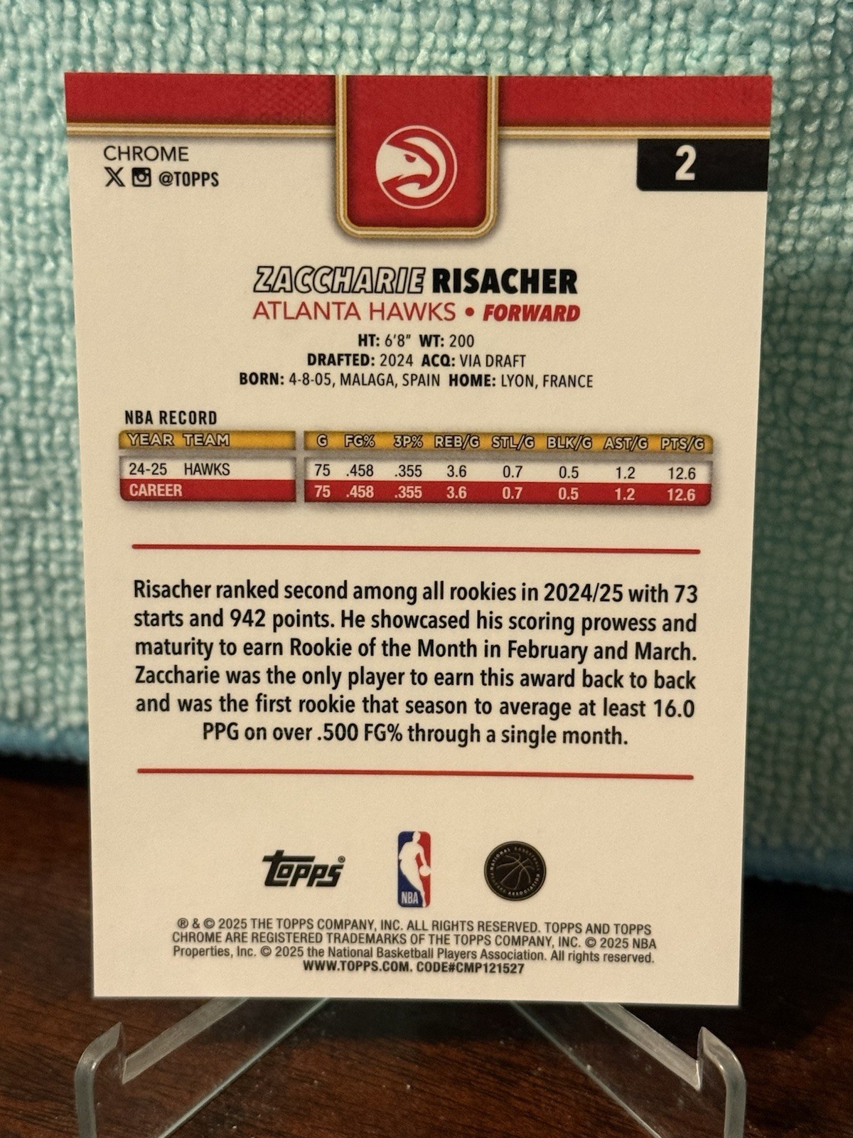 2025-26 Topps Chrome Basketball Zaccharie Risacher Gold Pulsar Refractor /50 #2