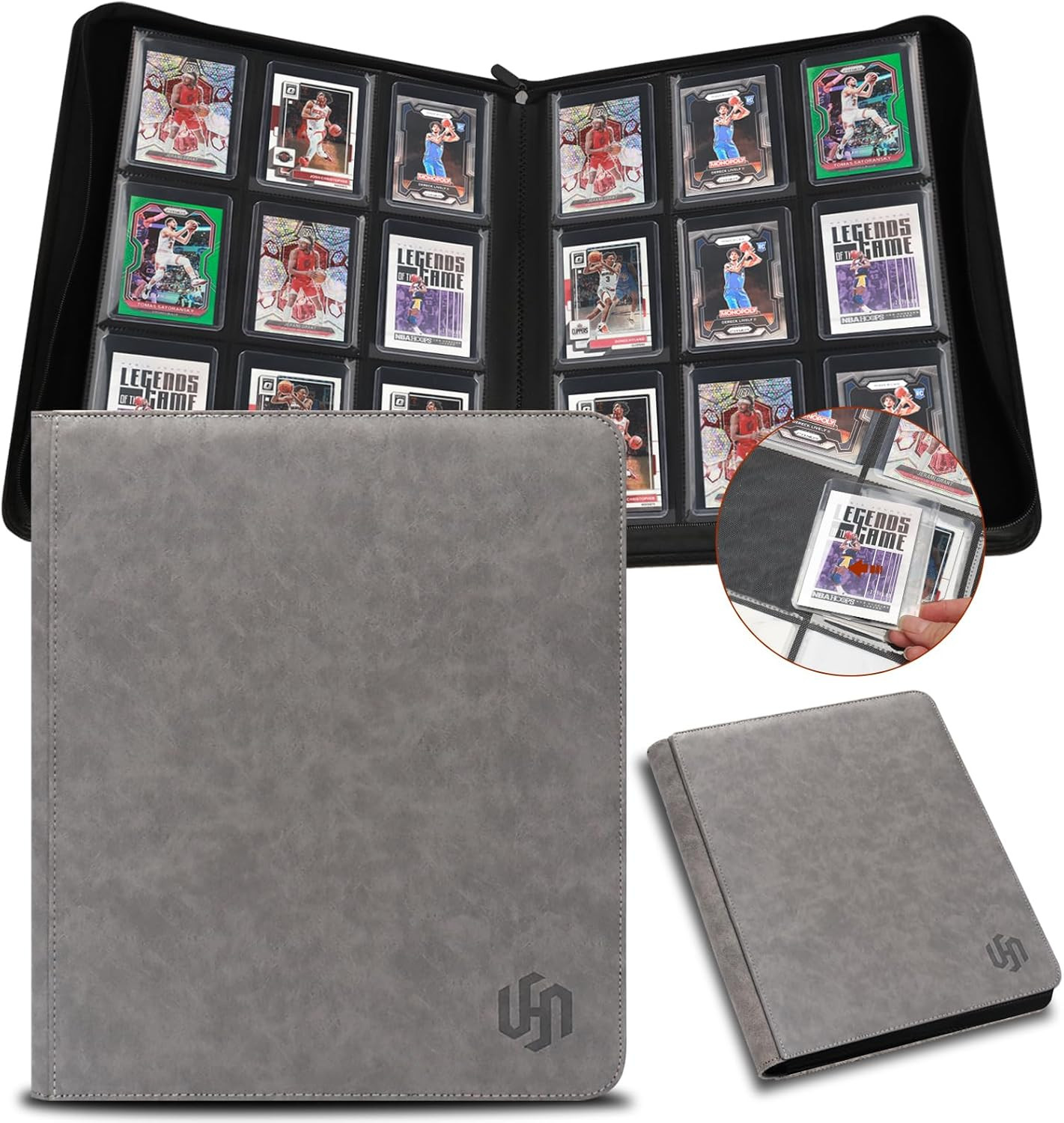 9 Pocket Toploader Binder Holds 324, 3×4 Rigid Trading Card Holder Storage Gray