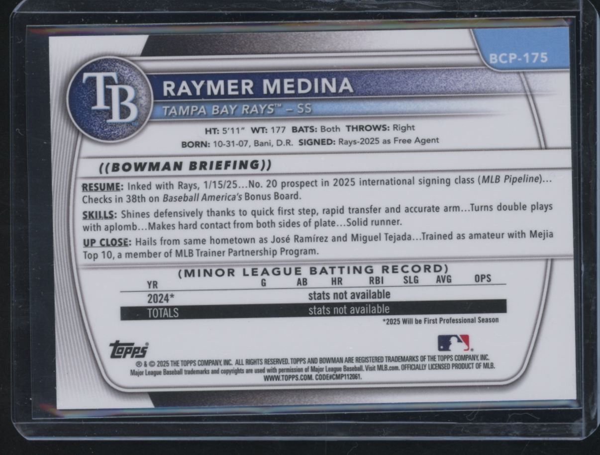 2025 Bowman Chrome Sapphire Raymer Medina Tampa Bay Rays #BCP-175