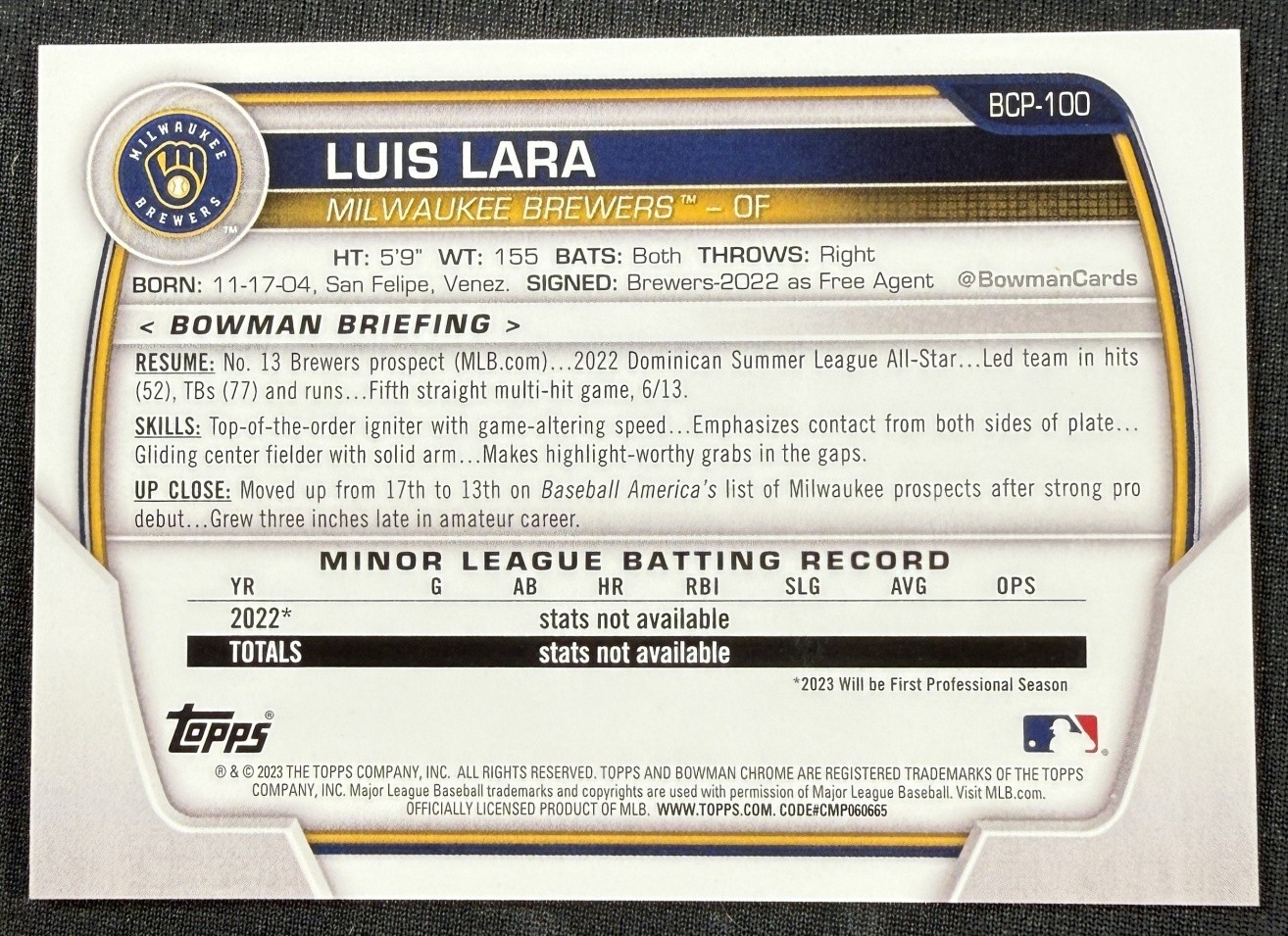 2023 Bowman Luis Lara 1st Chrome Speckle Refractor /299 QTY