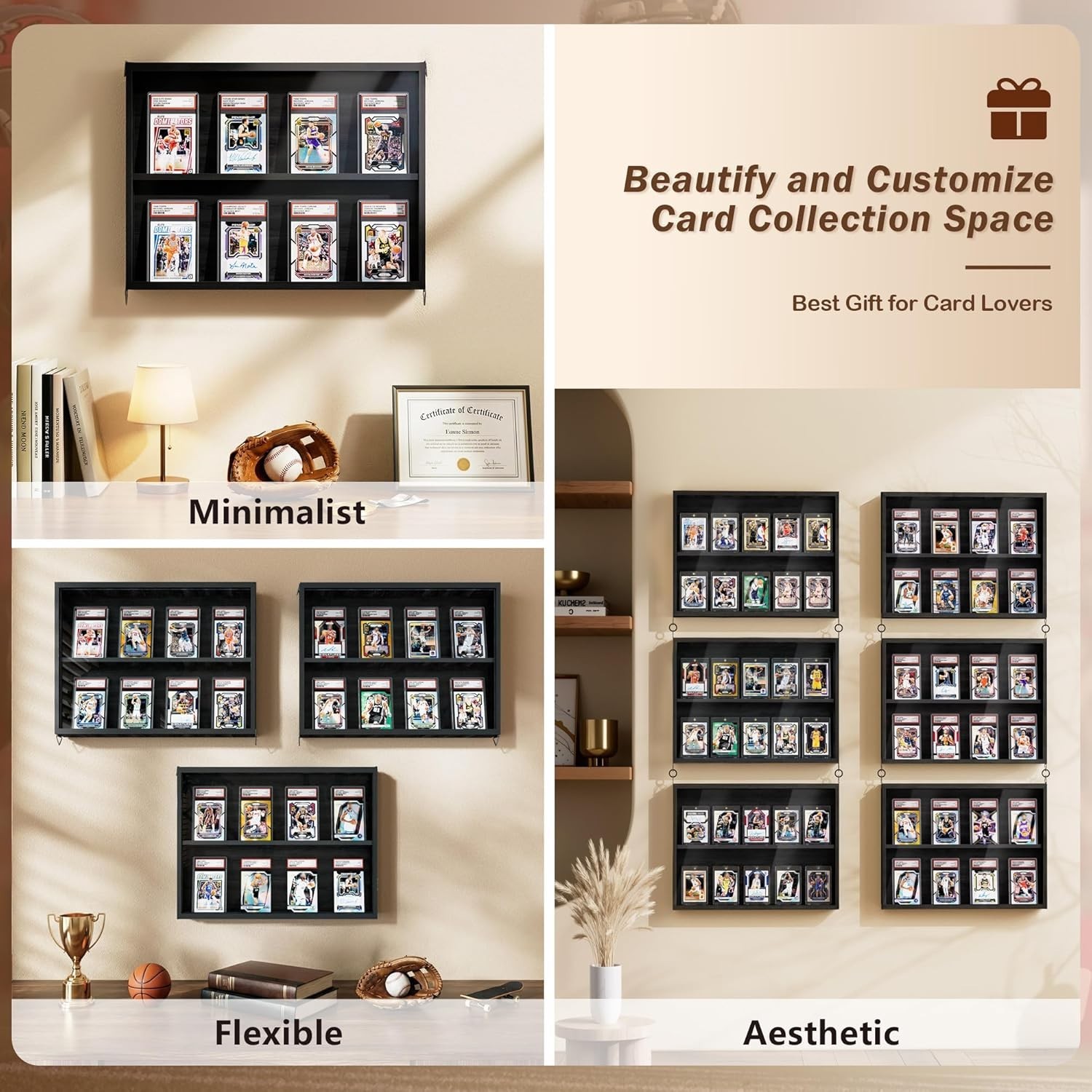 3-Pack Black Wooden Trading Card Display Cases with Acrylic Front for Wall Mount