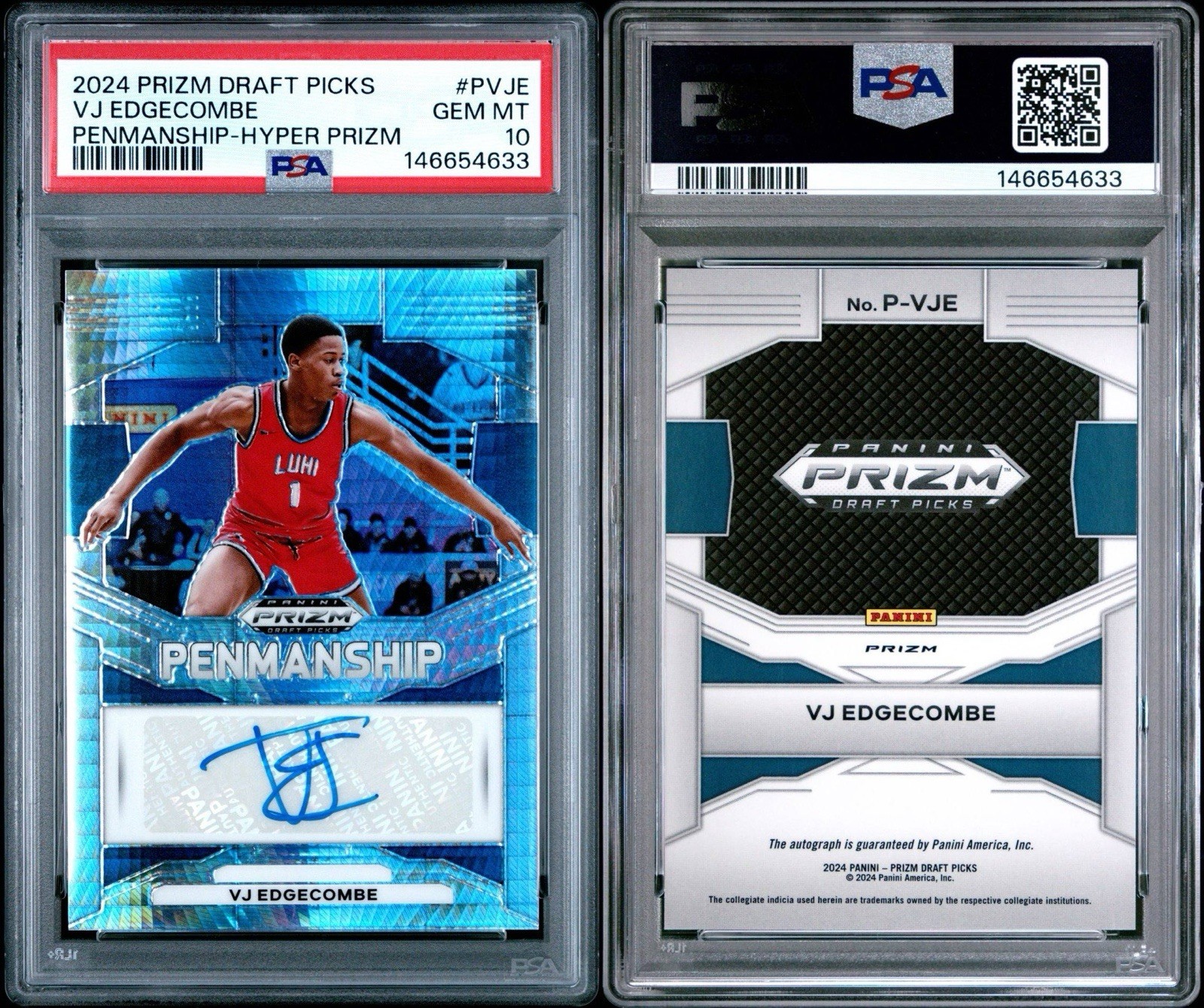 2024-25 Prizm Draft Picks – Penmanship VJ Edgecombe Hyper Prizm (AU, RC) pop 1