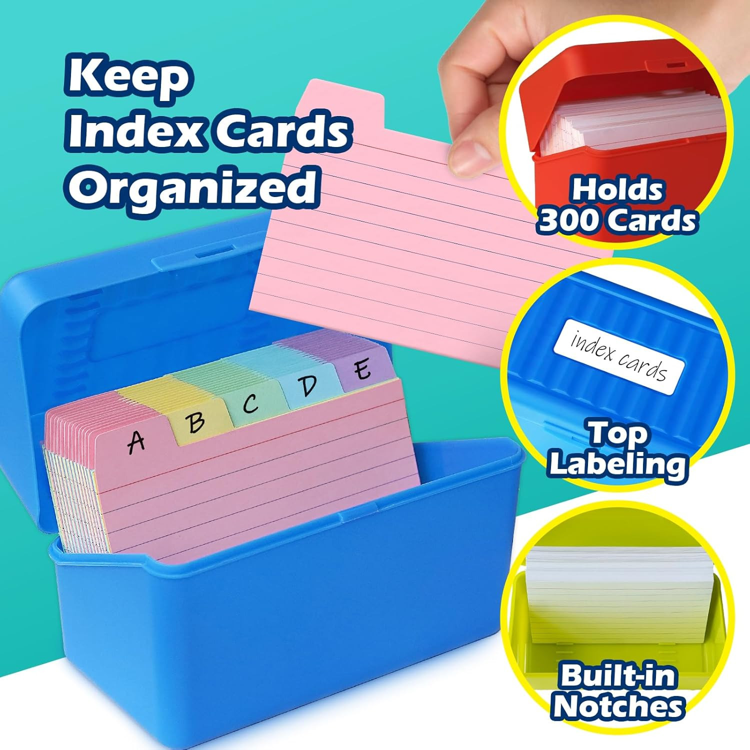 3×5 Index Card Holder Box with 100 Cards Dividers Tabs 3″x 5″, Teal