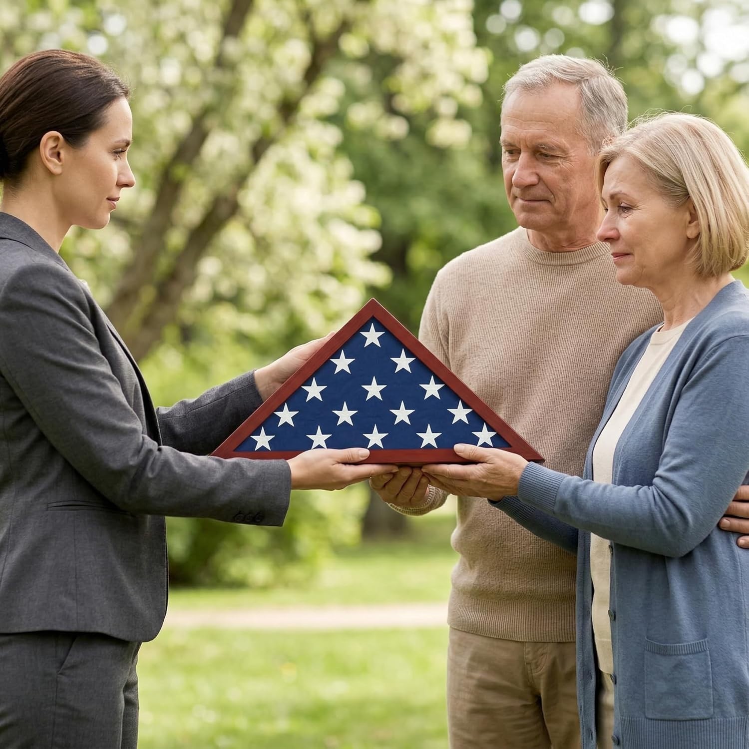 Large Flag Display Case for 5×9.5′ Burial Flags, Mahogany Triangular Design