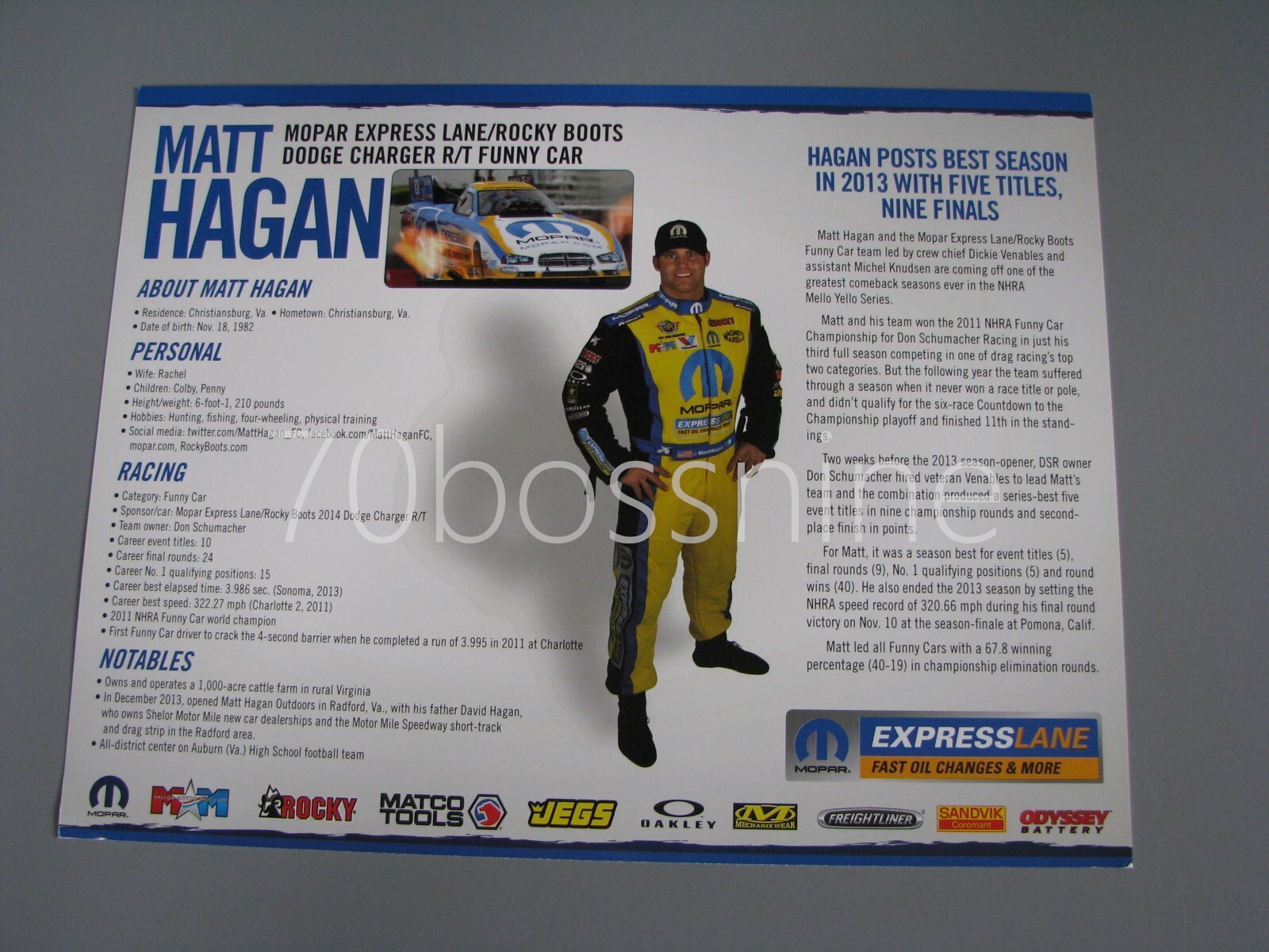 MATT HAGAN 2014 MOPAR EXPRESSLANE FUNNY CAR 8.5X11 NHRA DRAG RACING HANDOUT