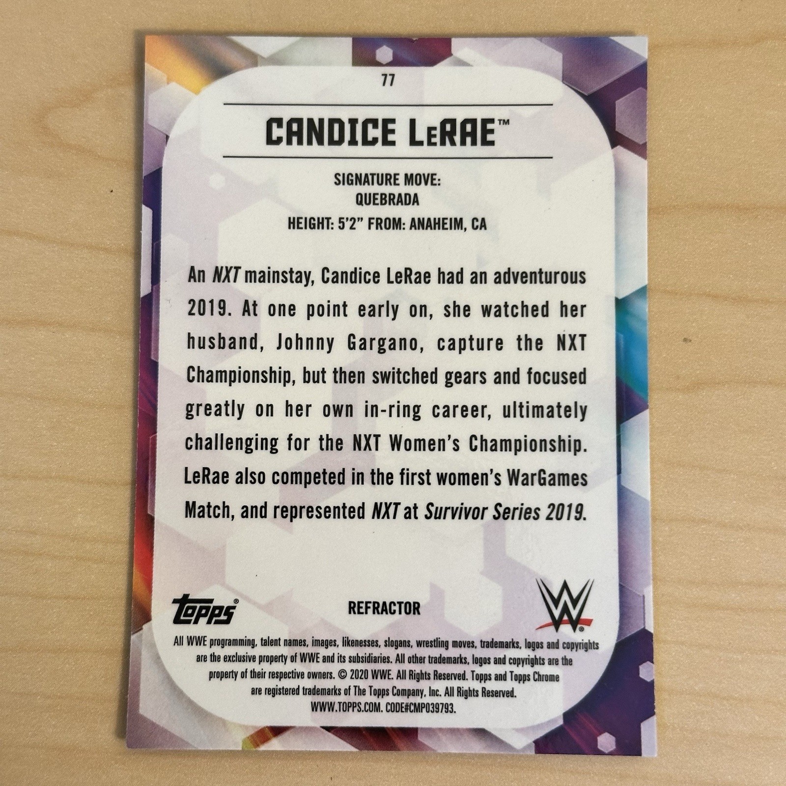 2020 Topps Chrome WWE Candice LeRae Refractor #77 NXT