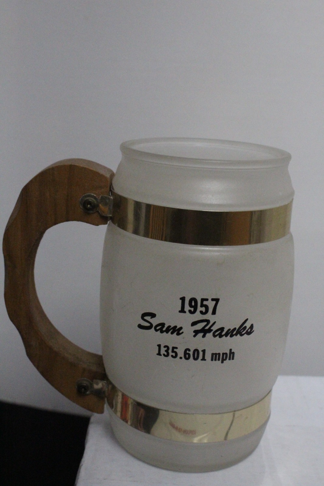 Set of 9 Siesta Ware Indy 500 Frosted Glass, Wood & Metal Mugs 1952-1960