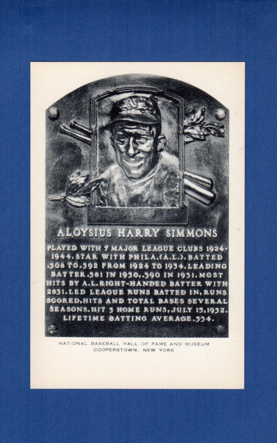 AL SIMMONS, Athletics ~ 1956-63 Artvue Type 2 HOF plaque postcard NM-MT!