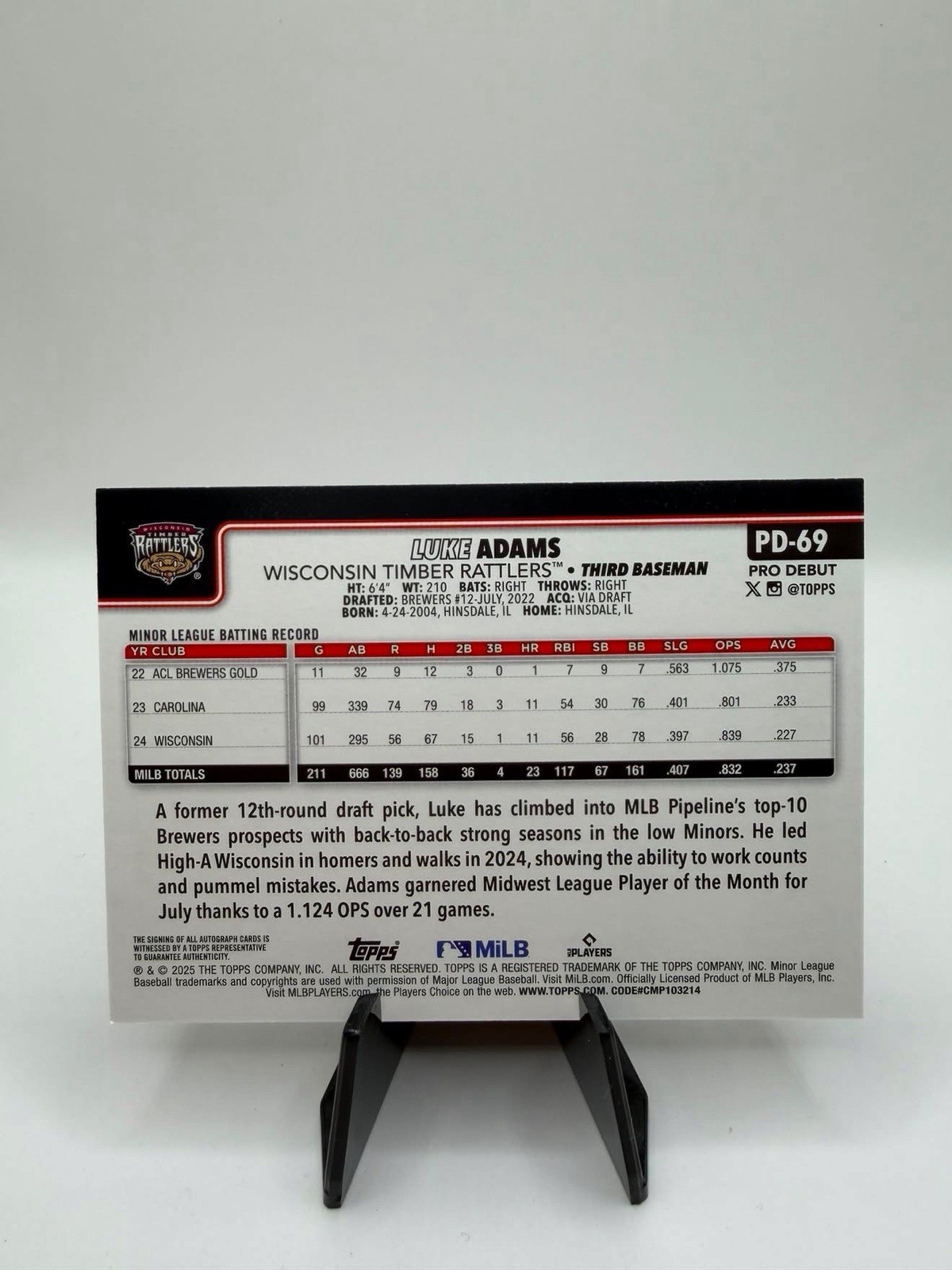 2025 Topps Pro Debut Luke Adams Autographs AU, RC