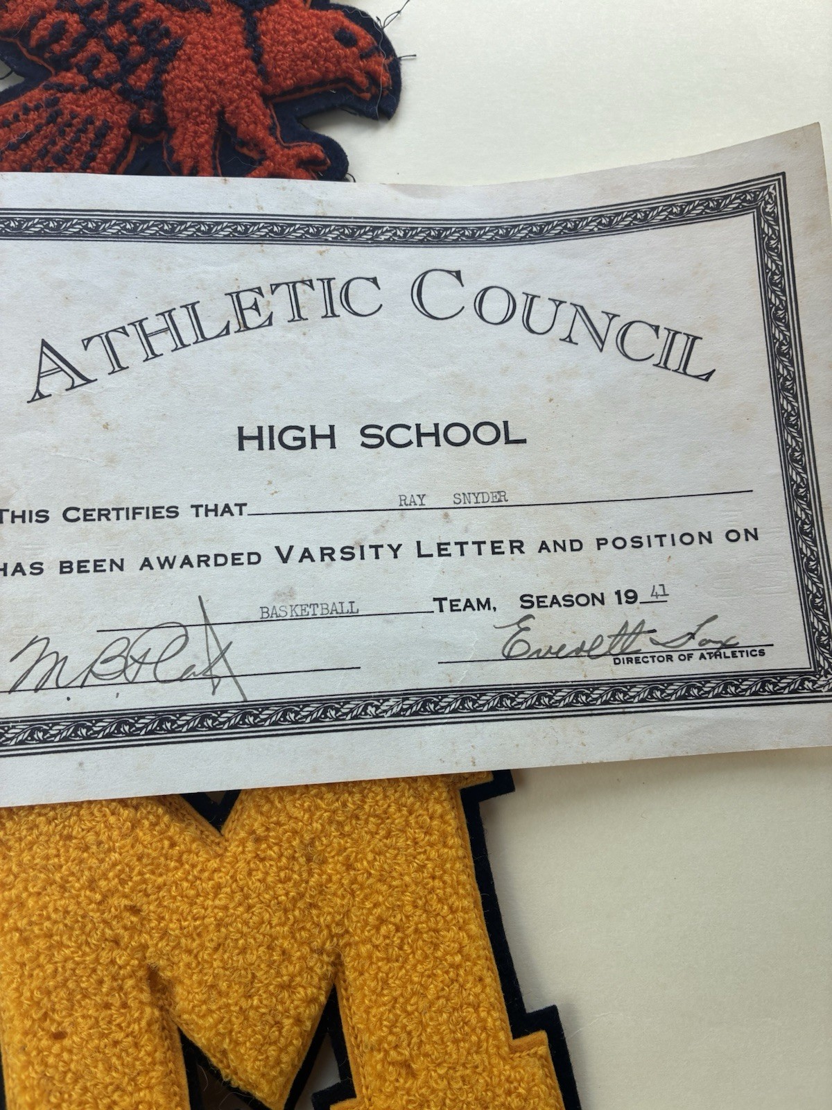 Vintage 1940s High School Letterman’s Patches plus Vintage HS Certificate