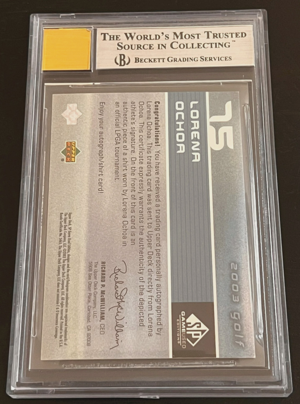 2003 SP GAME USED SHIRT LORENA OCHOA #75 ROOKIE AUTO BGS 10 – 9 LOW POP H. O. F