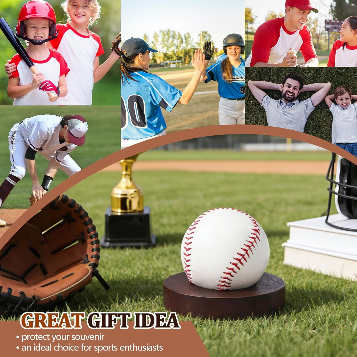 1 Pcs 3.94 in Baseball Display Stand Holder Case with Wooden Base, round Ball Ho