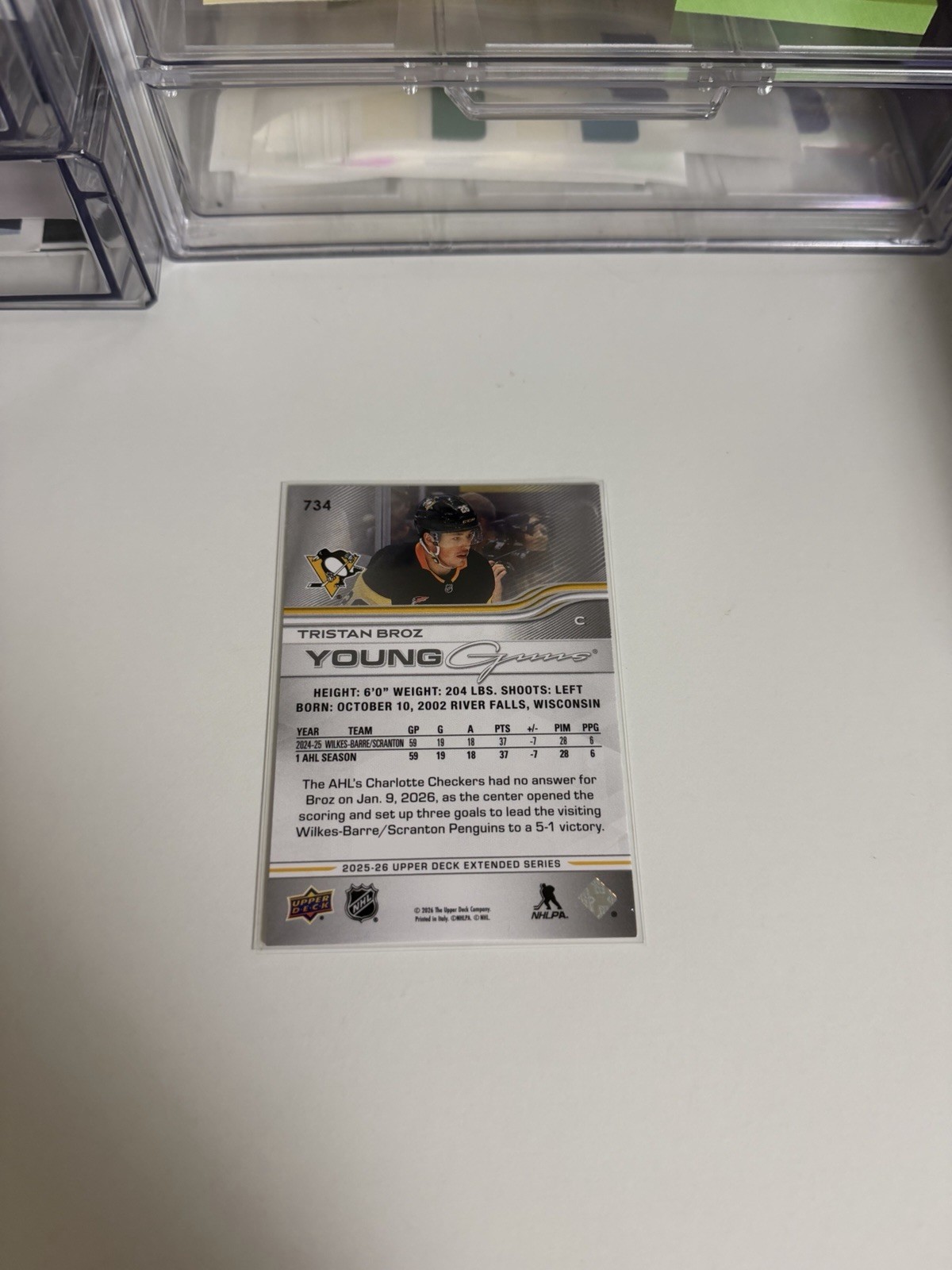 Upper Deck Young Guns Rookie Tristan Broz Penguins 2025-26 Hockey #734