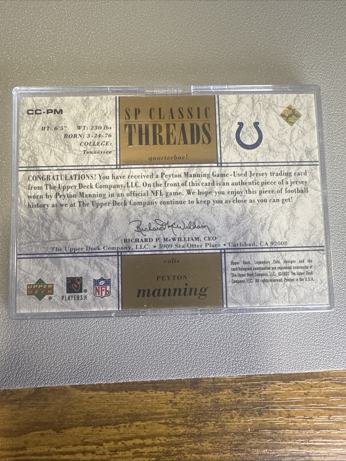2002 UD SP Legendary Cuts Classic Threads Peyton Manning Colts Card #CC-PM 64/75
