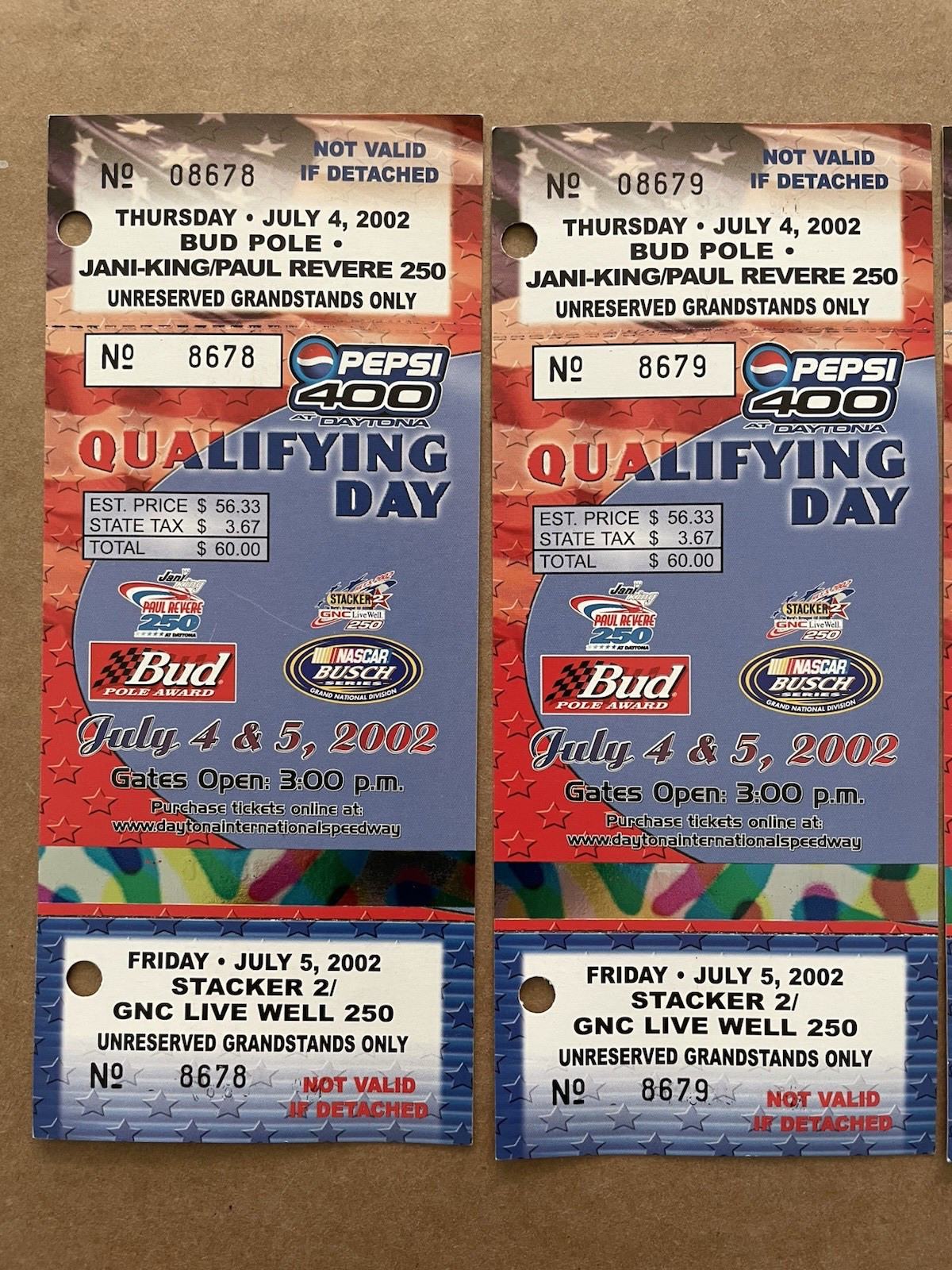 Vintage 2002 PEPSI 400 Daytona Qualifying Day Ticket Stub 4pcs