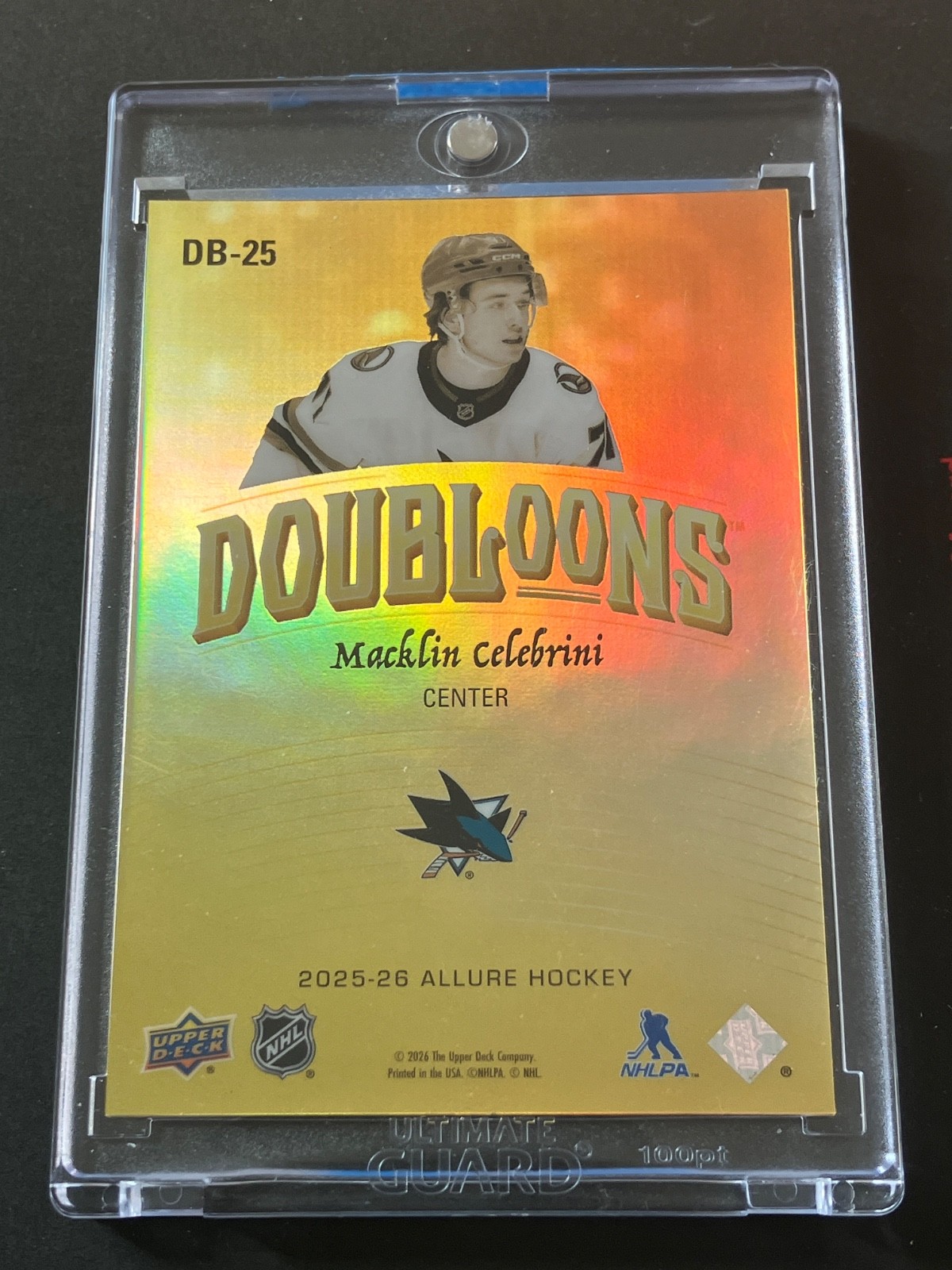 2025-26 Upper Deck Allure Doubloons Macklin Celebrini DB-25. Rare Case Hit