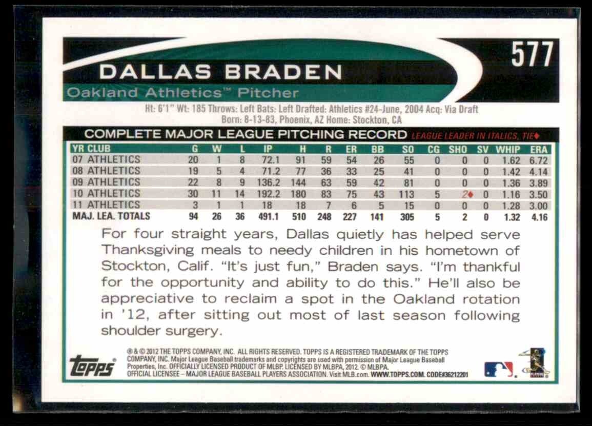 2012 Topps Dallas Braden #577 Oakland Athletics