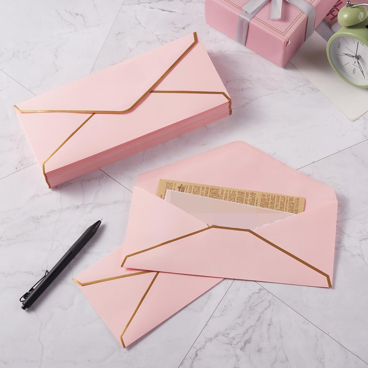 50 Pack #10 Business Envelopes with Gold Border, Self Seal Standard Envelopes wi