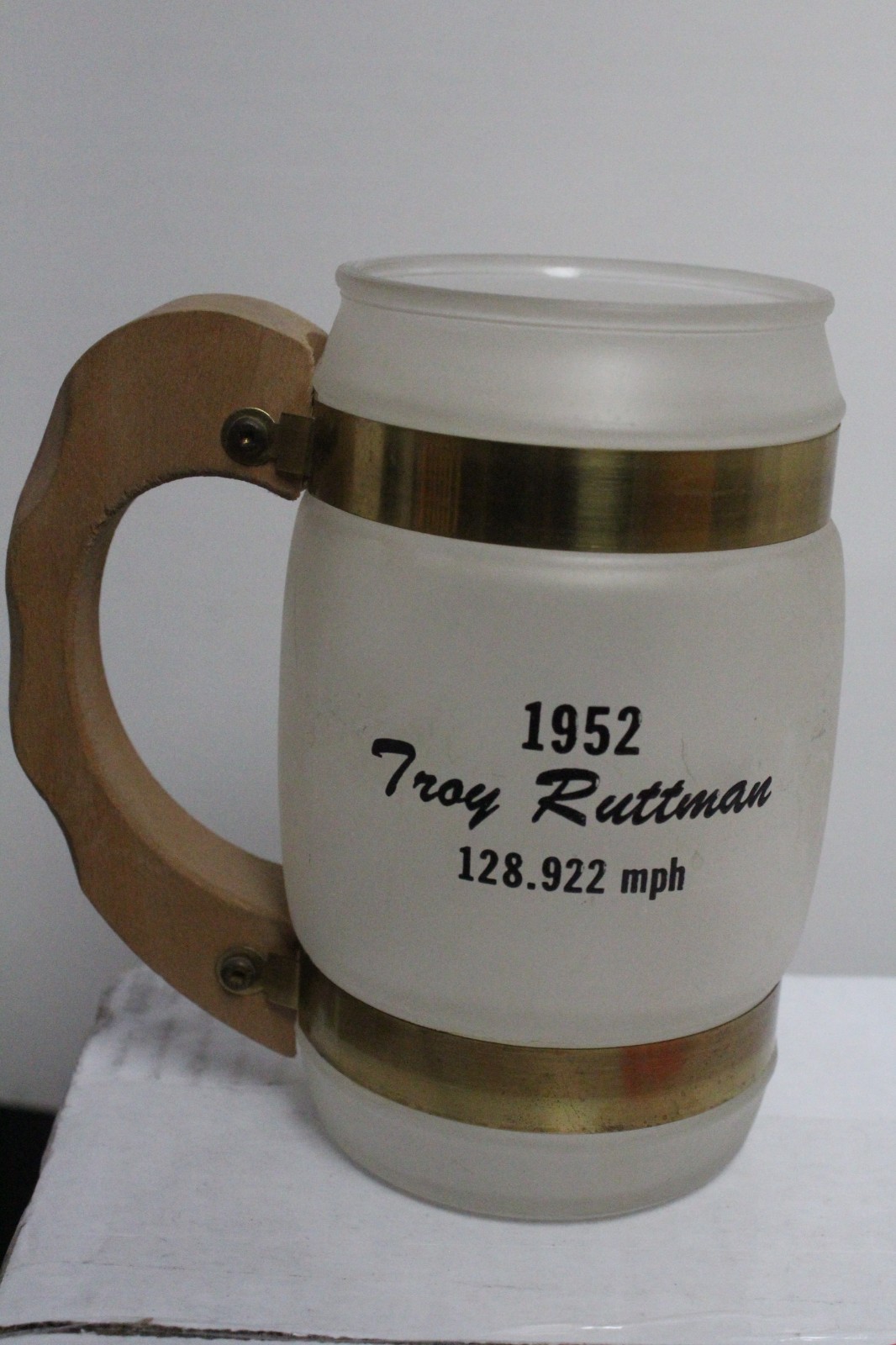 Set of 9 Siesta Ware Indy 500 Frosted Glass, Wood & Metal Mugs 1952-1960