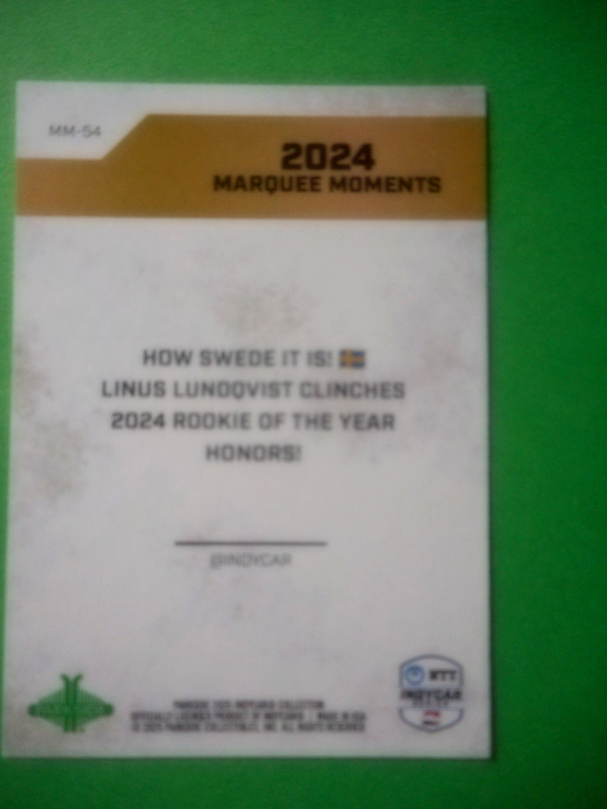 Linus Lundqvist 2025 PARKSIDE Indycar 2024 ROTY MARQUEE MOMENTS Indy Card MM-54