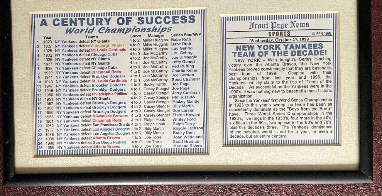 1999 Team Of The Decade New York Yankees W/ Championship List Framed Picture