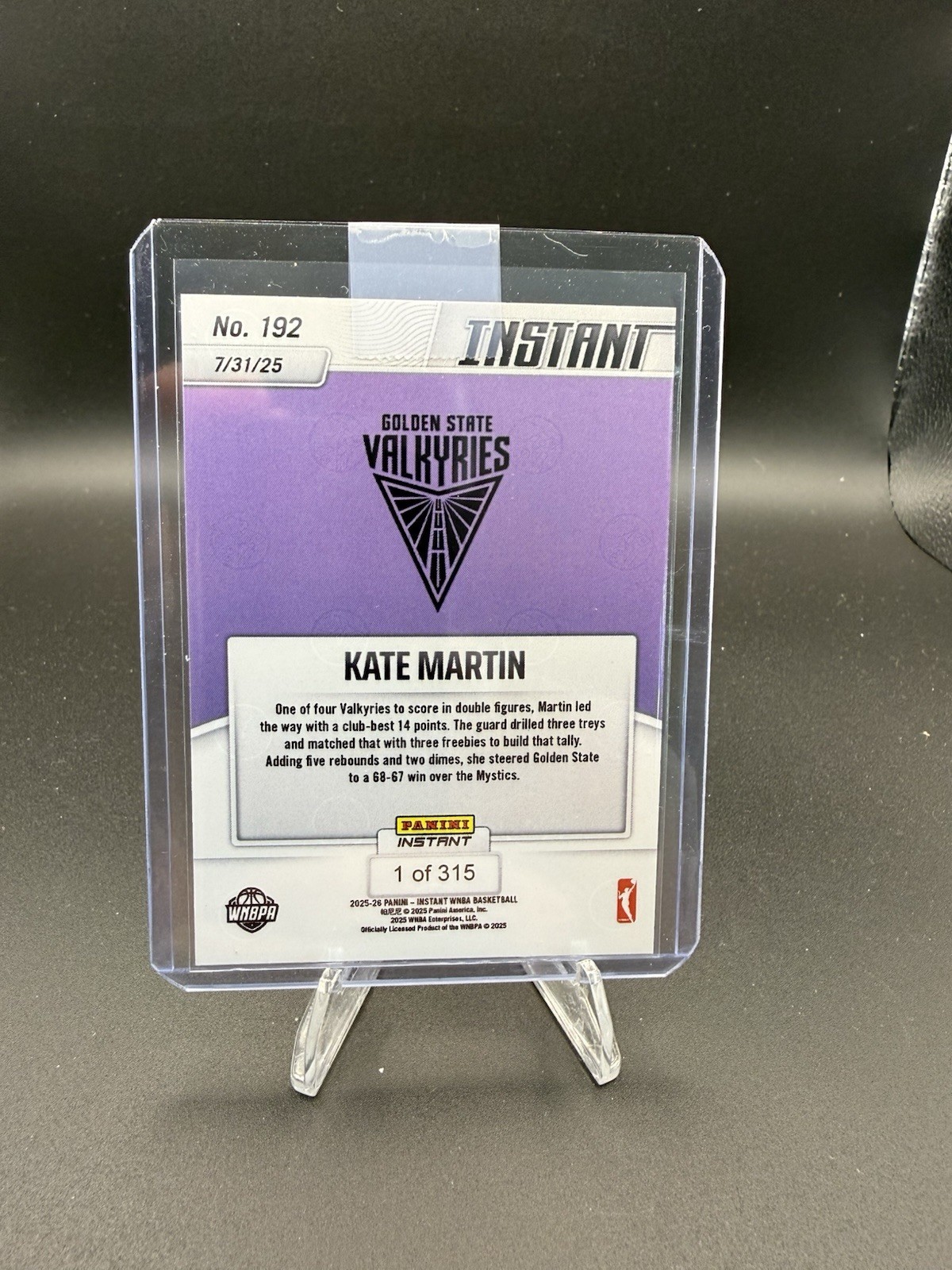 KATE MARTIN 2025 PANINI INSTANT WNBA #192 1st VALKYRIES Card Only 315 Made