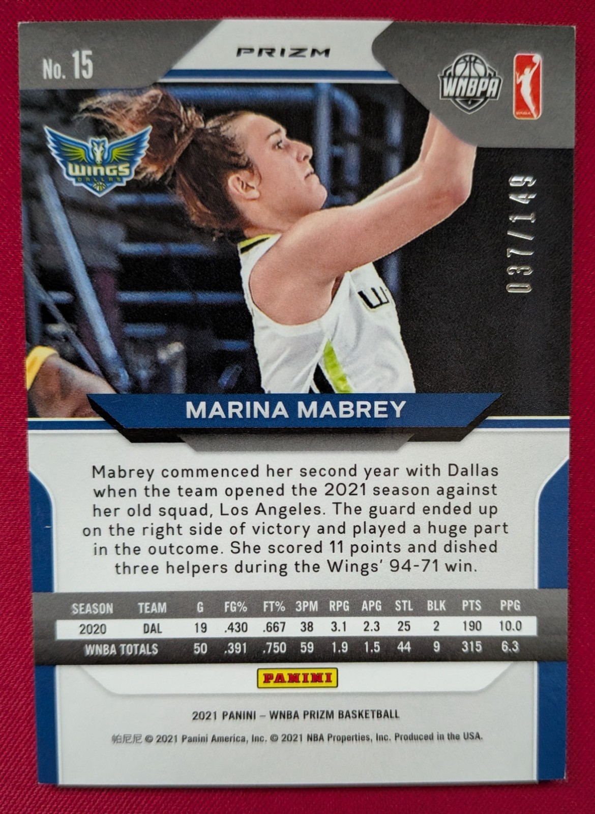 Marina Mabrey /149 Blue Rookie RC 2021 Prizm WNBA #15 Dallas Wings
