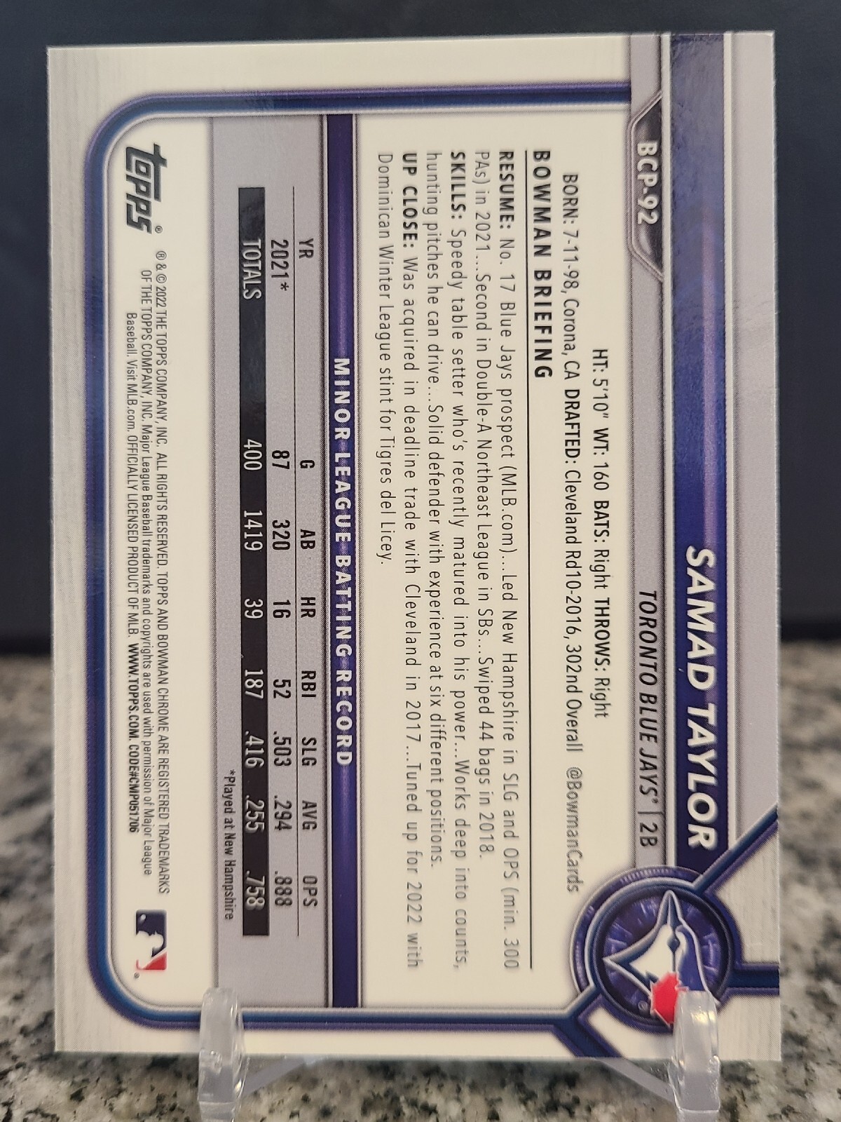 2022 Bowman – Chrome Prospects Samad Taylor #BCP-92 1st Bowman RC