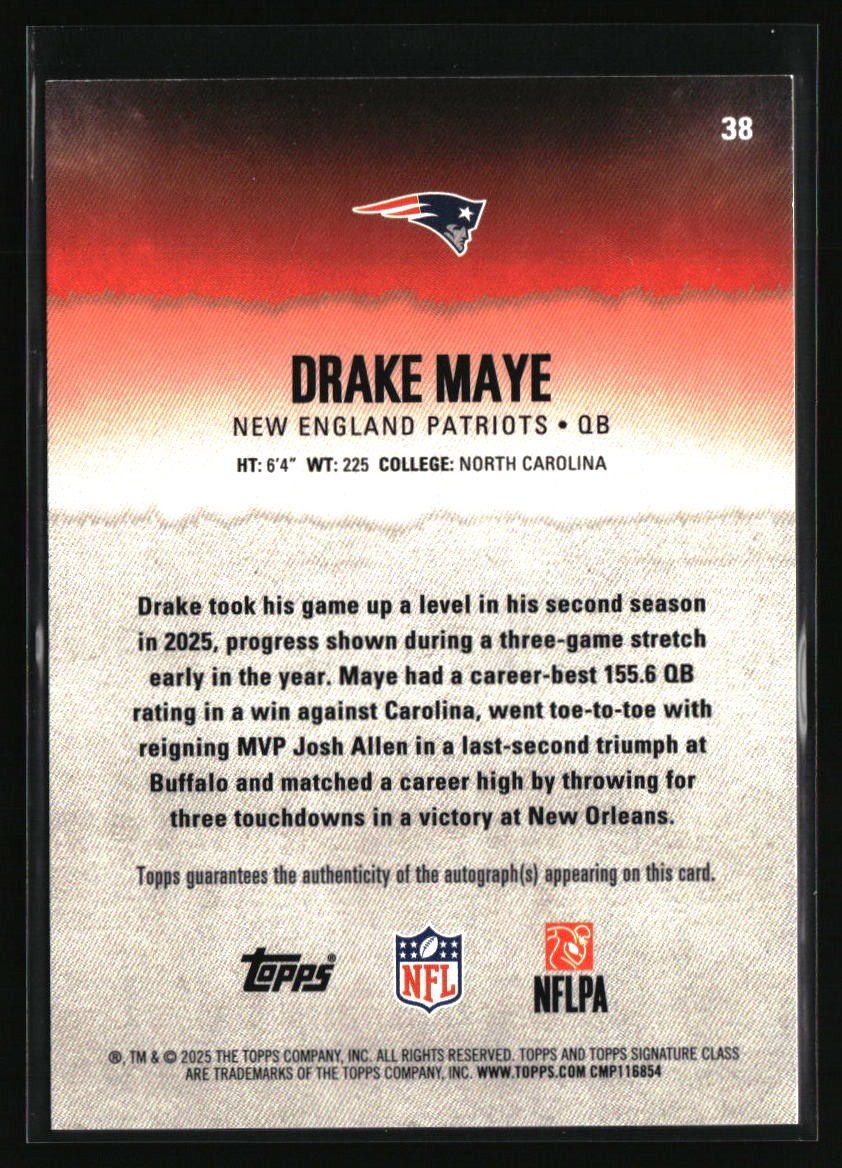 2025 Topps Signature Class #38 Drake Maye Autographs Green #/150