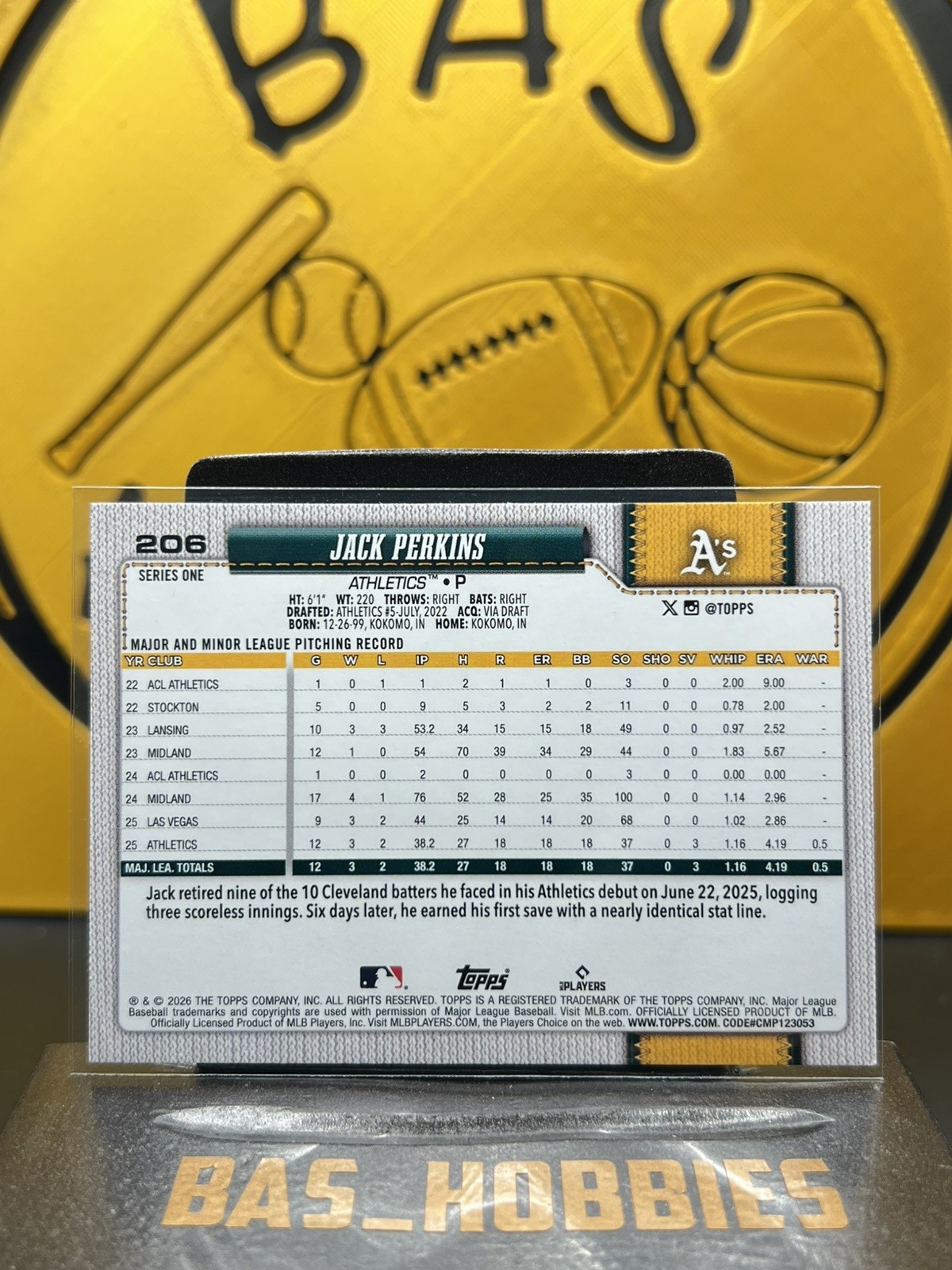 2026 Topps Series One [Base] – Jack Perkins (RC) #206 – Athletics