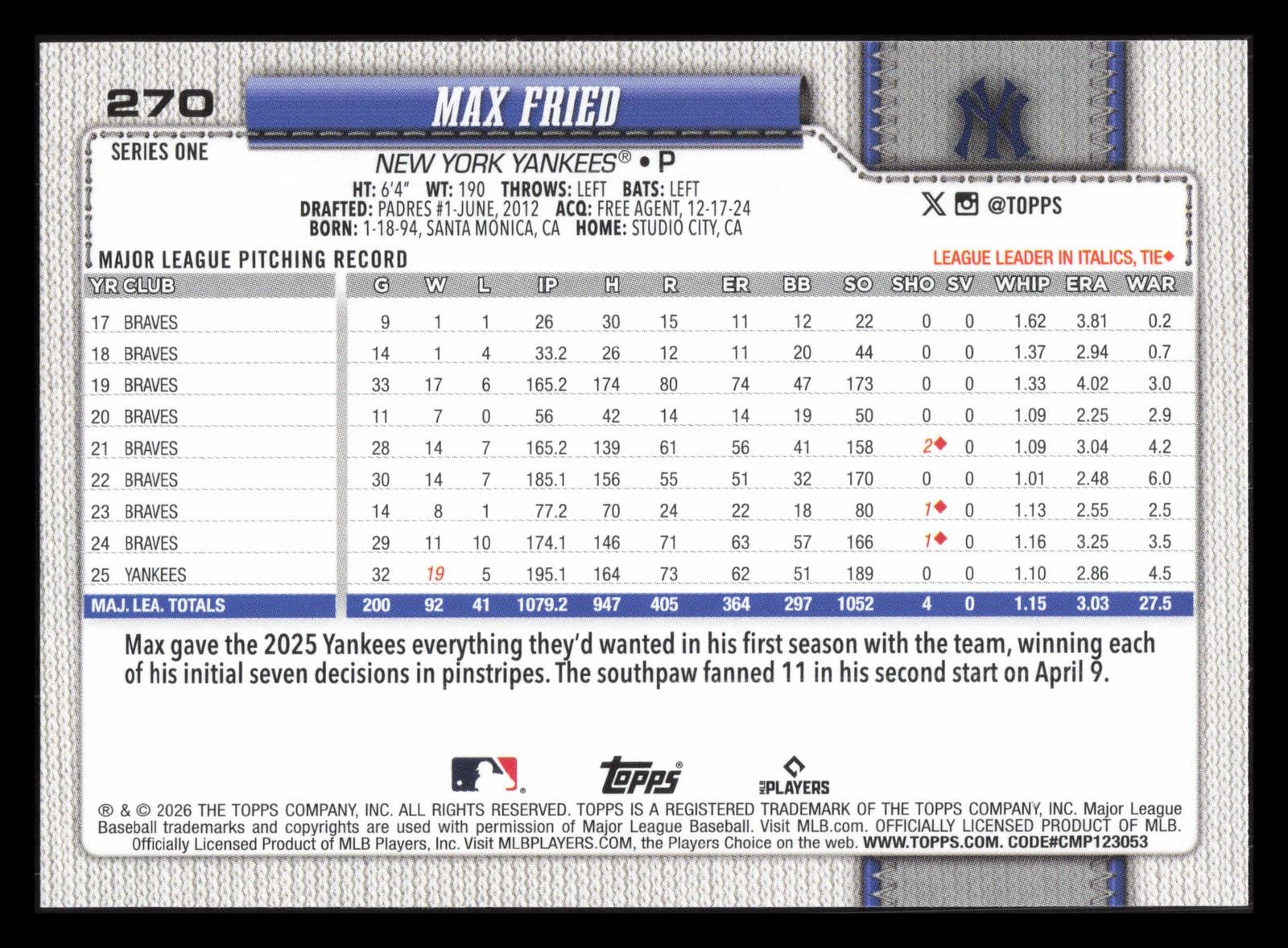 Max Fried 2026 Topps Series 1 #270 New York Yankees