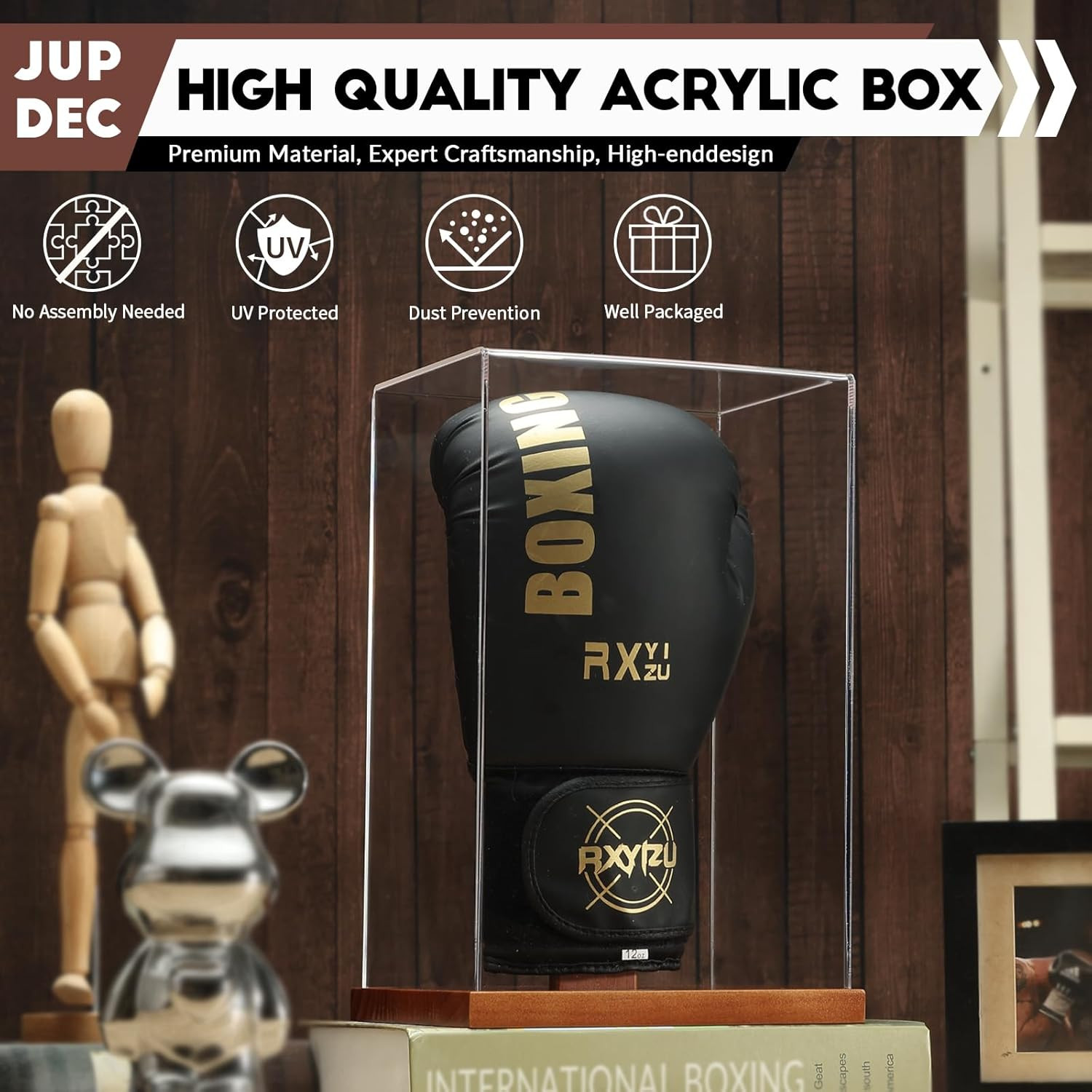 Boxing Glove Display Case, Clear Acrylic Showcase with Wood Base & Plank for Sin