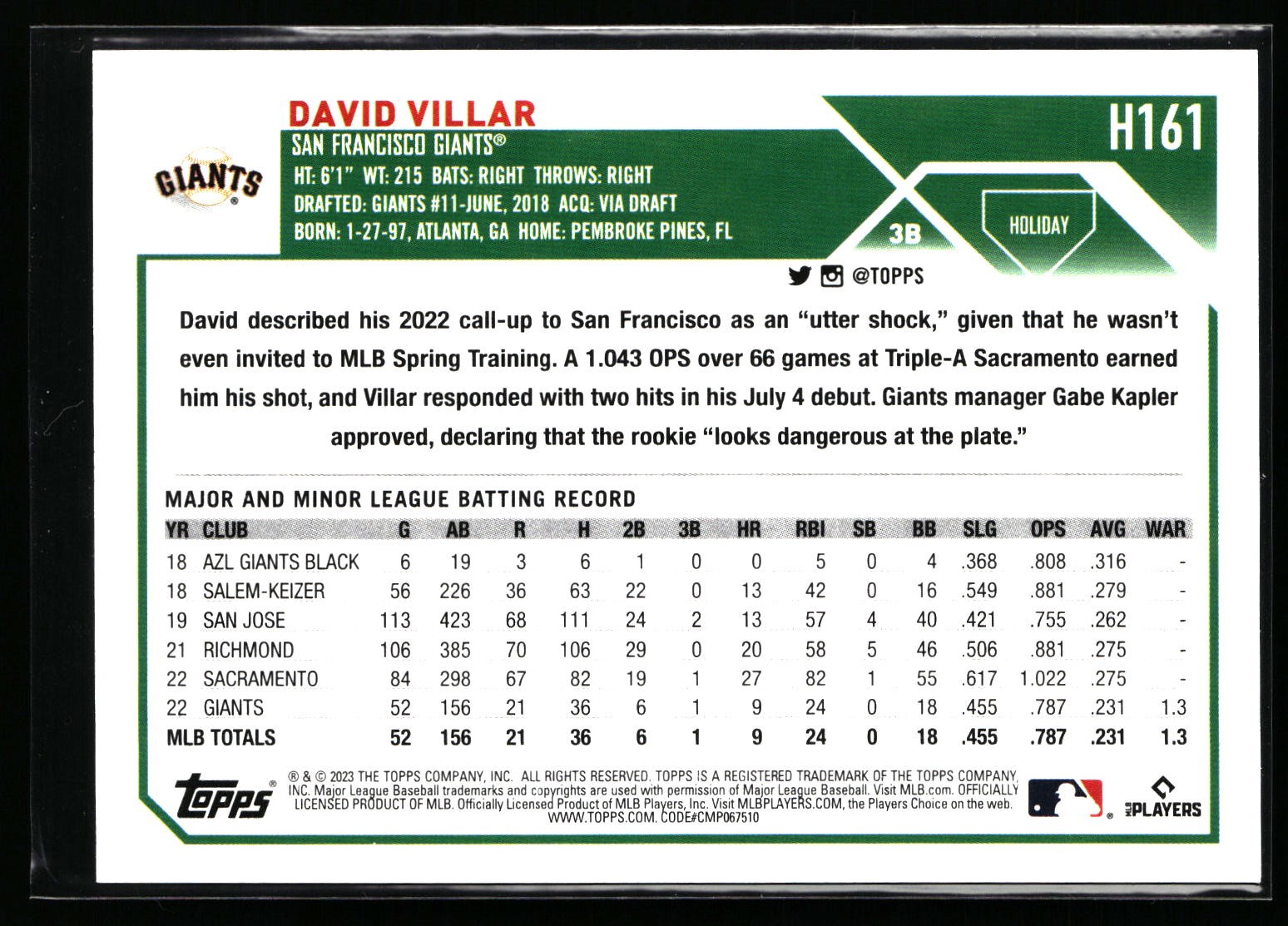 2023 Topps Holiday #H161 David Villar San Francisco Giants