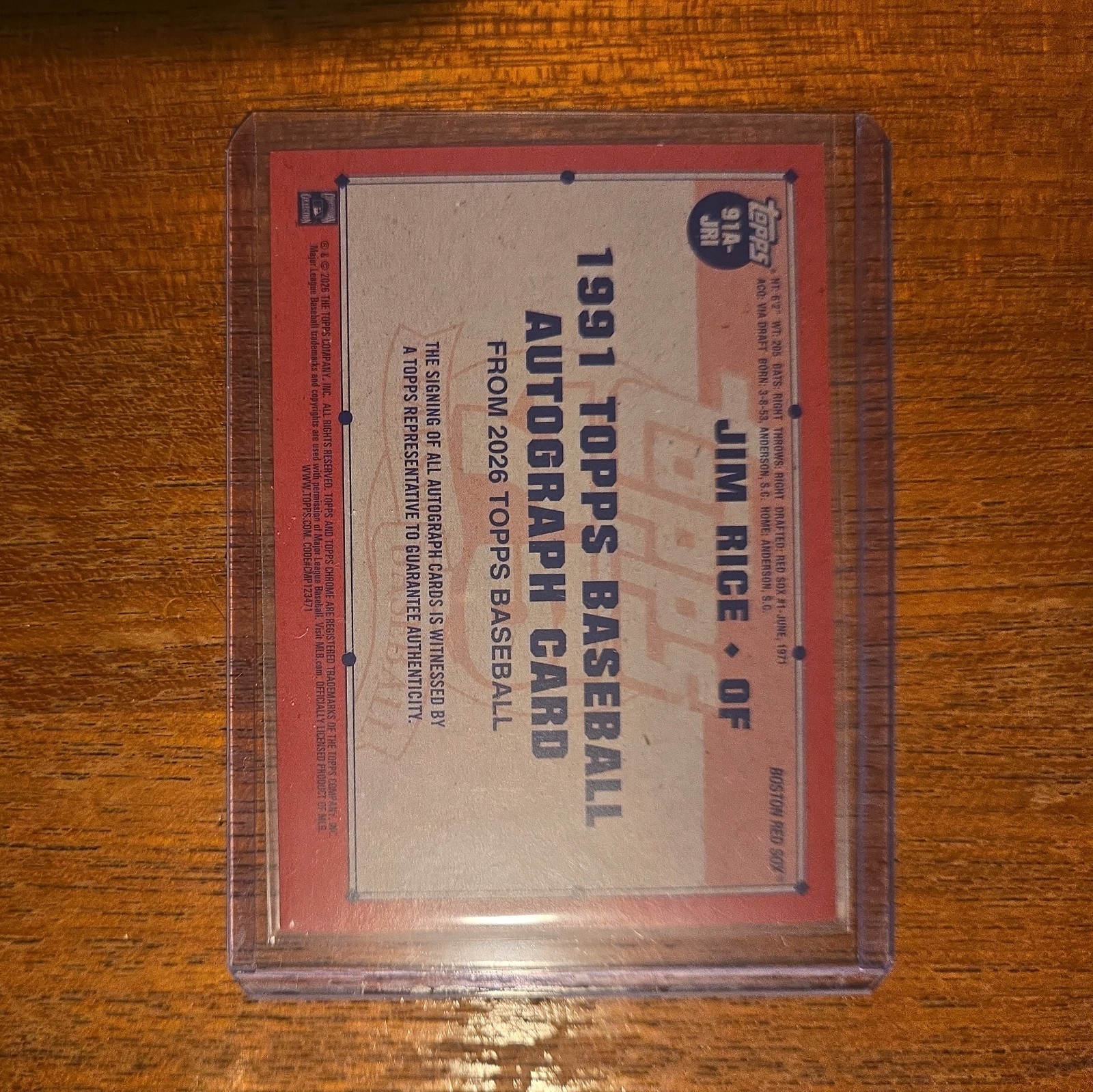 2026 Topps Series 1 – JIM RICE – 1991 Throwback On Card Auto – RED SOX LEGEND