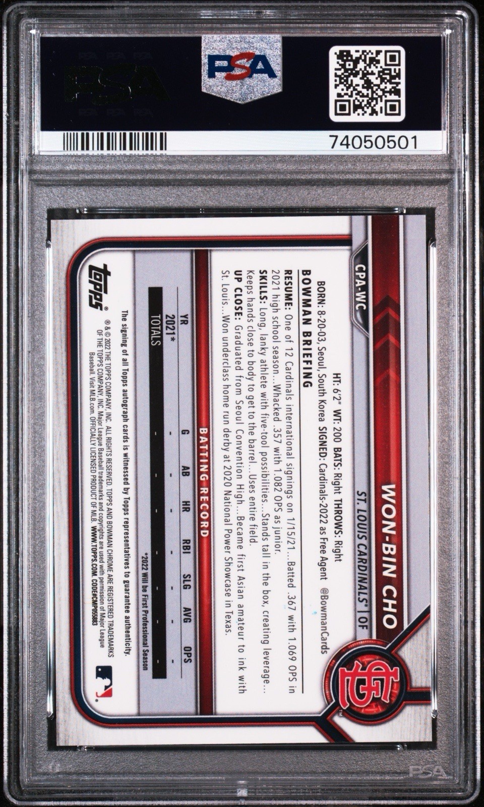 Won-Bin Cho 2022 Bowman Chrome 1st Gold Mini Diamond Refractor Auto /50 PSA 10