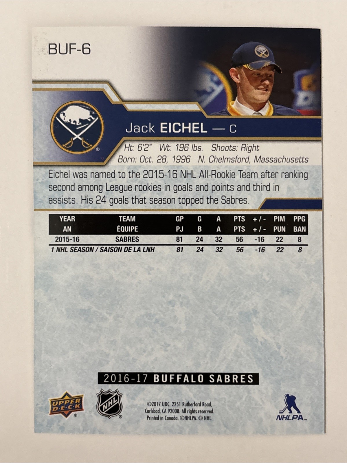 Jack Eichel 2016-17 Upper Deck Draft Dave & Adams Collab #BUF-6 – Buffalo Sabres