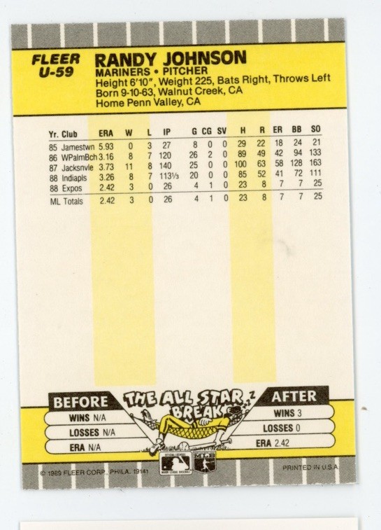 1989 Fleer Update Randy Johnson #U-59 RC Mint HOF