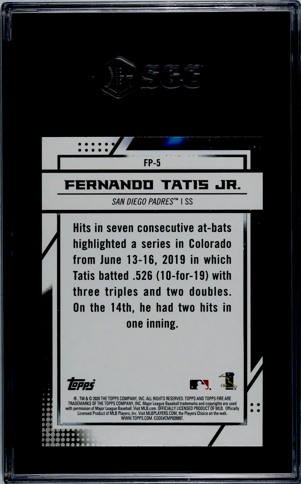 2020 Topps Chrome Fire Preview FP-5 Fernando Tatis Jr. SGC 10 GEM MINT